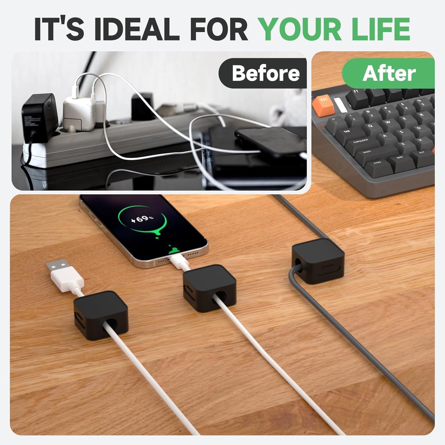 12 Black Magnetic Cable Clips,Under Desk Cable Management,Cord Holder for Nightstand Home Office Car Phone Wall,2025 Adhesive Cord Organizer[0.45" in Ht Save Space/Versatile for Wire Up to 0.27" OD]