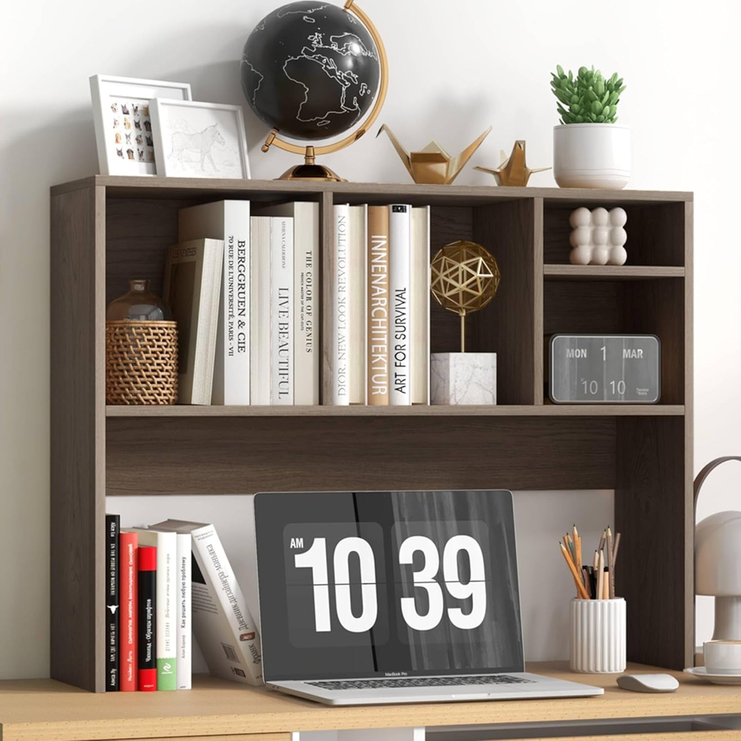 Tangkula Desktop Bookshelf, Countertop Storage Hutch with 4 Shelves for Computer Desk, Desktop 2-Tier Display Rack, Multipurpose Wood Desk Hutch Storage Organizer for Dorm Office Home