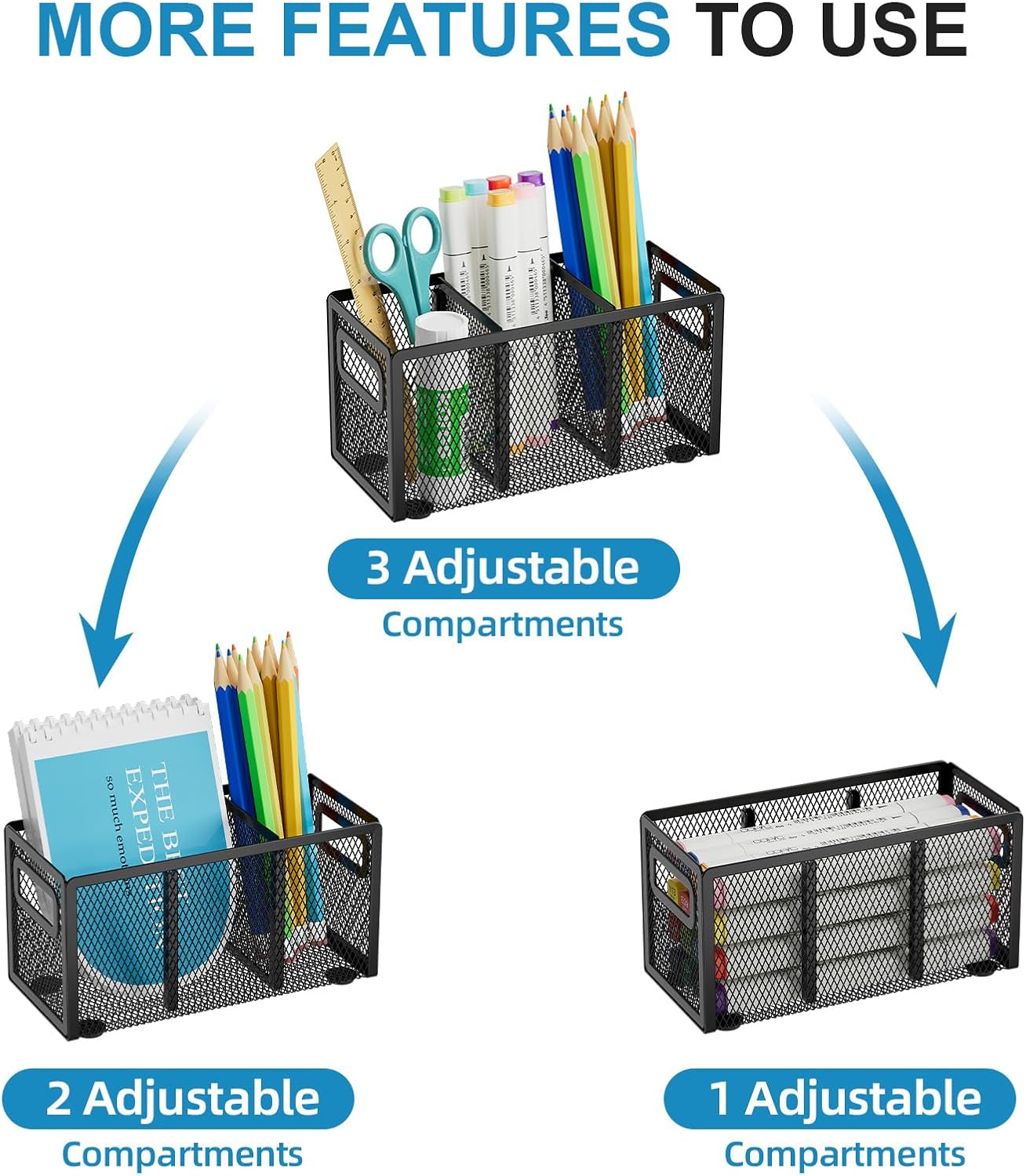 Marbrasse 2P Mesh Pen Holder for Desk,Pencil Holder Desk Organizer 3 Adjustable Compartments,Pencil Cup with Handle Perfect for Classroom, Office, Home,Makeup,Art (Black)