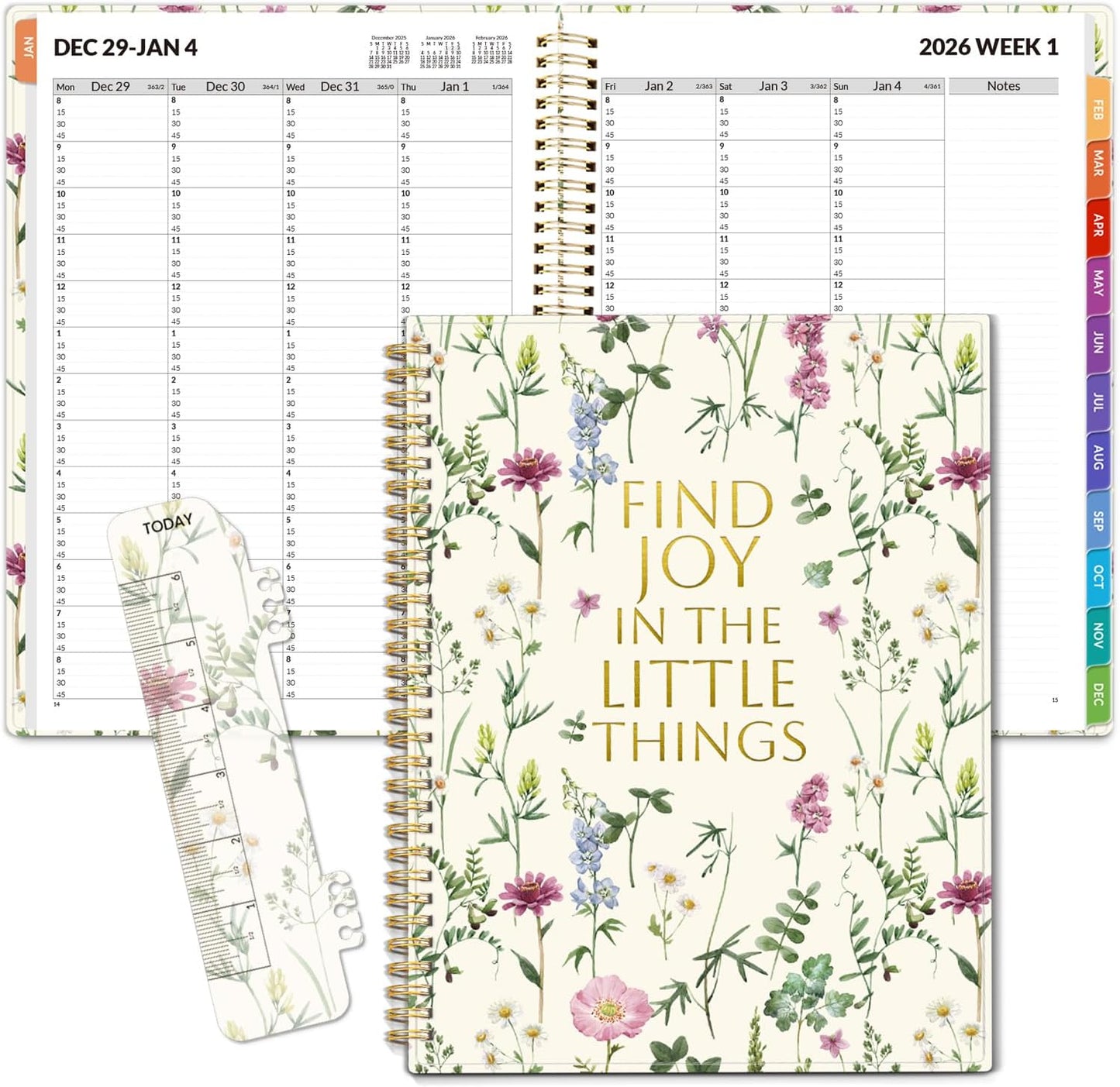 SUNEE 2026 Appointment Planner 15-Minute Time Block – Weekly & Monthly Spiral Organizer with Note Section – Thick Paper, Lay-Flat Bound – 8.5 x 11 for Office, School, Salon, Men & Women, Wildflowers