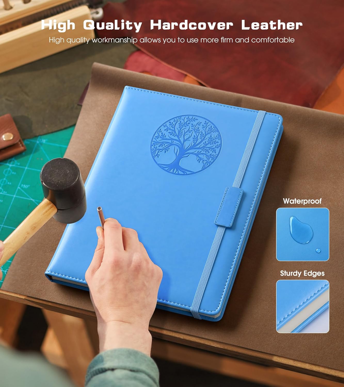 Lined Journal Notebook for Women Men,256 Pages A4 Large Hardcover Leather Journals for Writing,Travel,Business,Work,School,College Ruled Notebooks for Note Taking,Diary Notepad 8.6"×11"(Light blue)