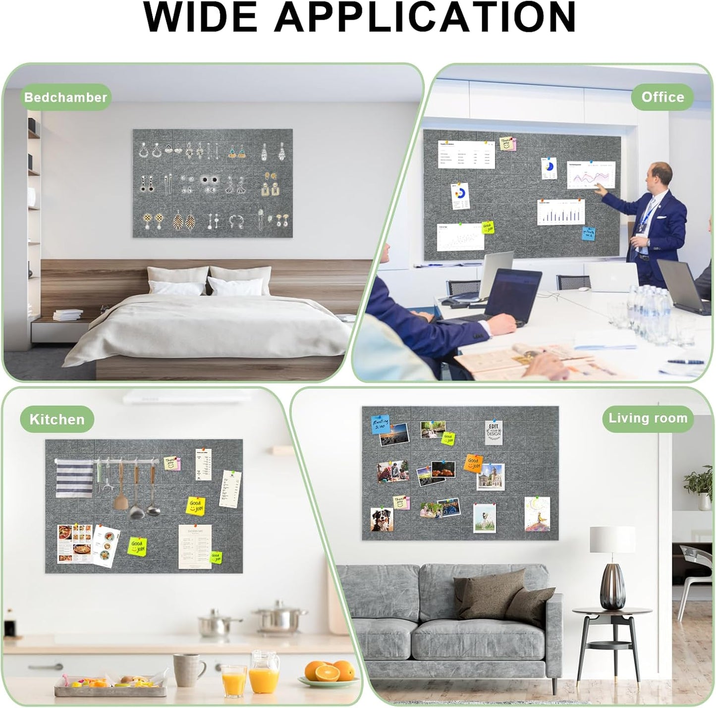 12 Pack Large Cork Board for Walls, 48" X 36" Felt Bulletin Board Tiles with 48 Safe Removable Adhesive Tabs & 60 Push Pin Board Decorative Cork Board Tack Board Wall Organizer for Office - Dark Grey