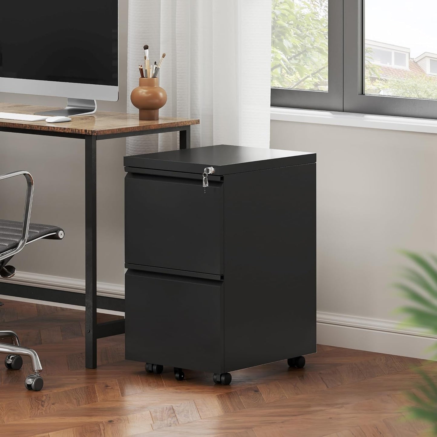 YITAHOME 2 Drawer File Cabinet with Lock, Mobile Metal Filing Cabinet for Letters/Legal/A4 Size, Home Office & Business Enterprise, Fully Assembled Except Wheels, Black