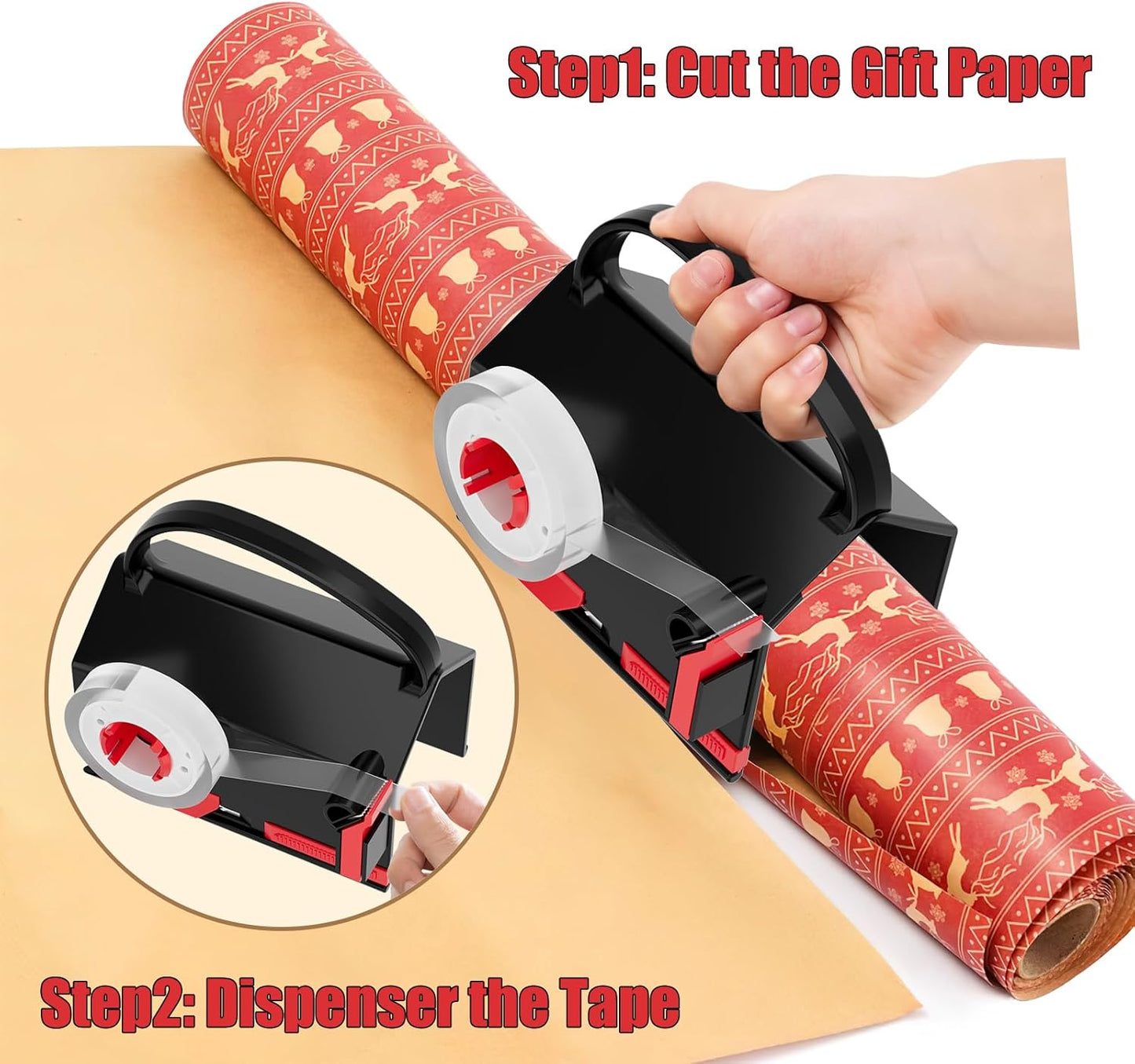 2-Pack Wrapping Paper Cutter & Tape Dispenser for Christmas Gift, Improve Gift Packaging Efficiency, Makes The Cutting line straighter, Cutting Tool with 4 Tapes，2 Replace Blades Kit, Red and Black
