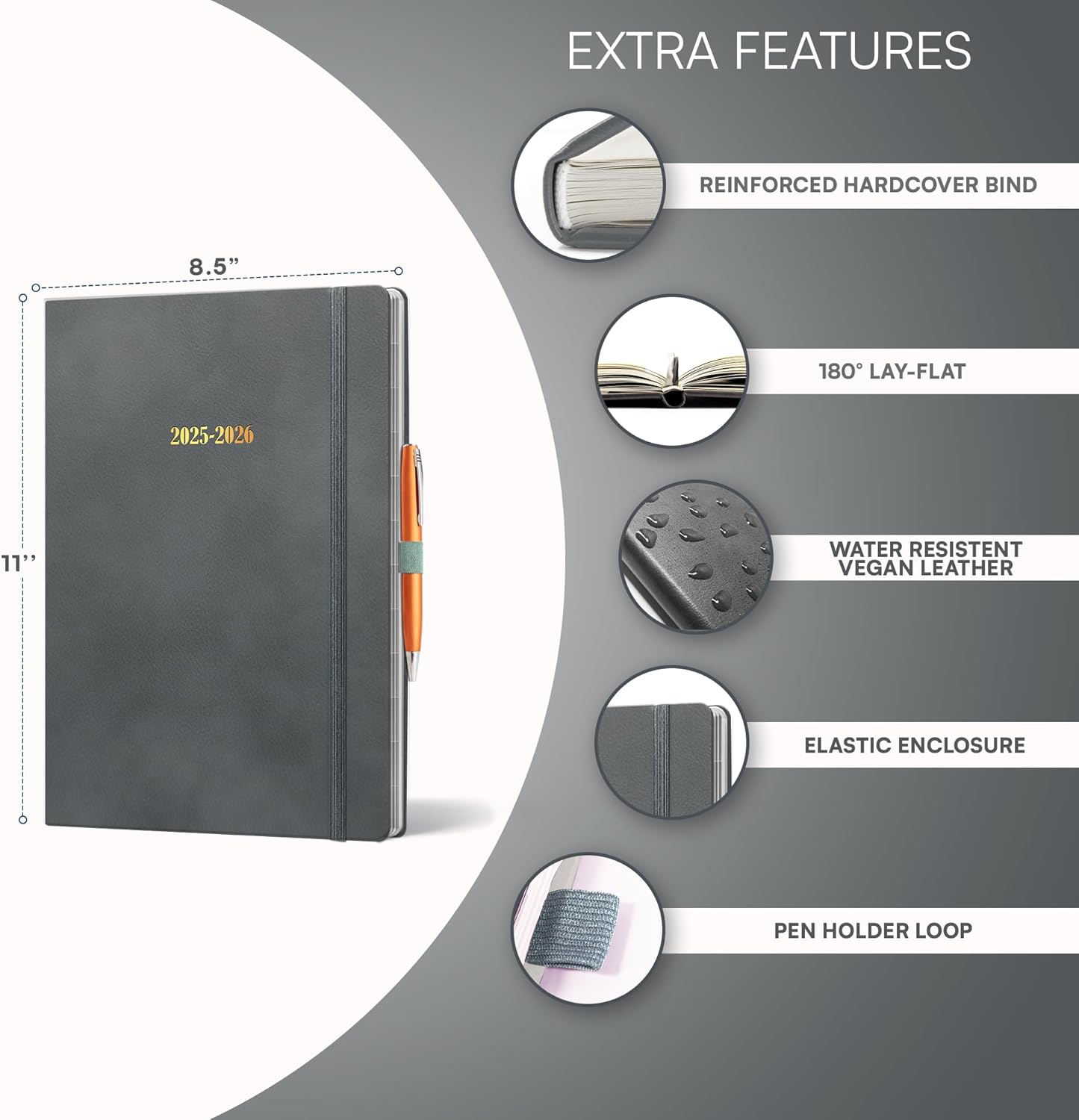 Ensight 2025-2026 HARDCOVER Leather Planner Weekly & Monthly - 8.5x11 Inches - Academic Planner Business Personal or Student - Pen Holder, Thick Paper, July 2025 - June 2026 (Grey)