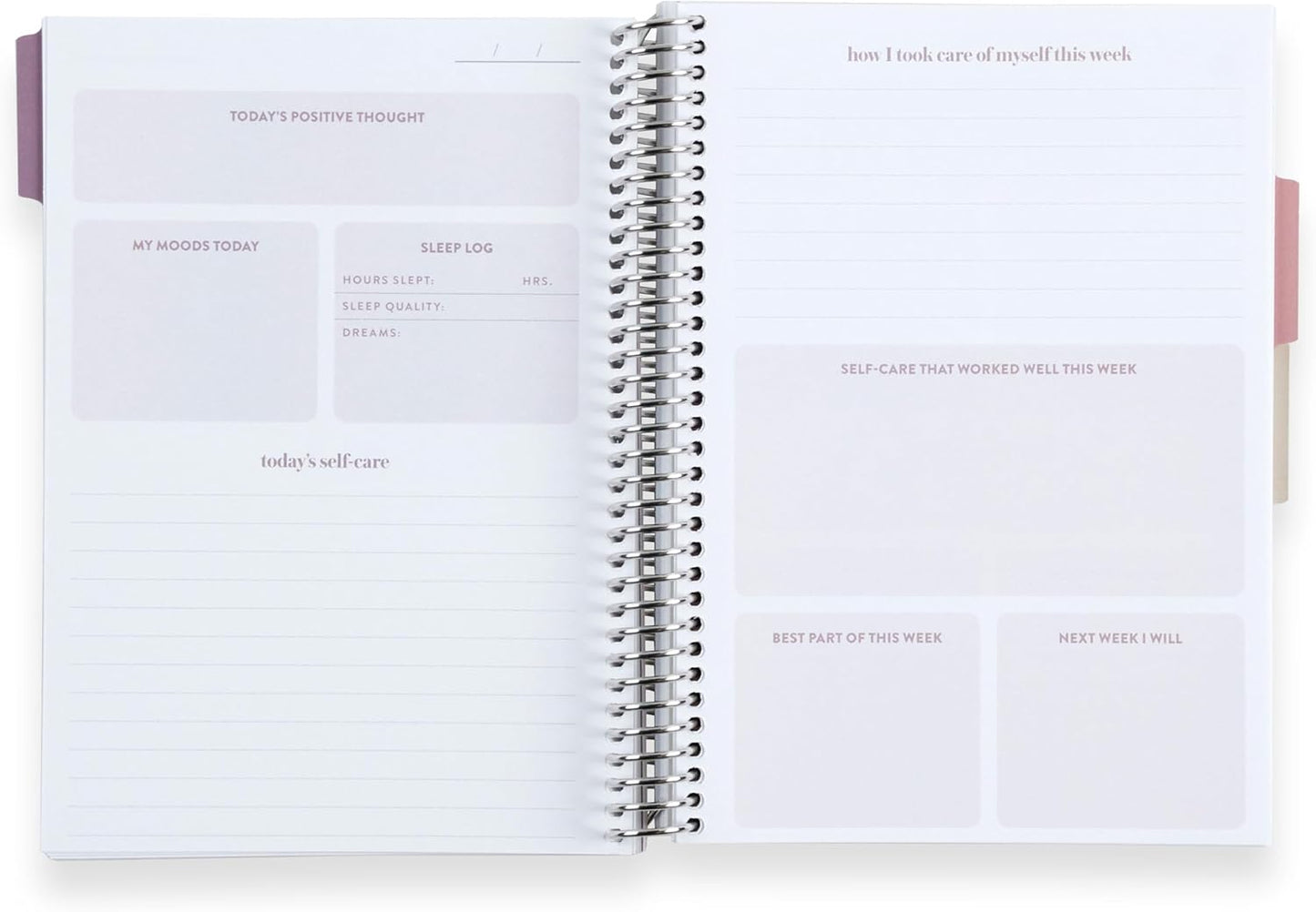 Erin Condren A5 Spiral Bound Self Care Journal Metallic Blooms. Daily Self-Care Reflection Pages. Weekly, Monthly & Quarterly Reflection. Monthly Tracker Pages. 3 Tabs. Sticker Sheet Included