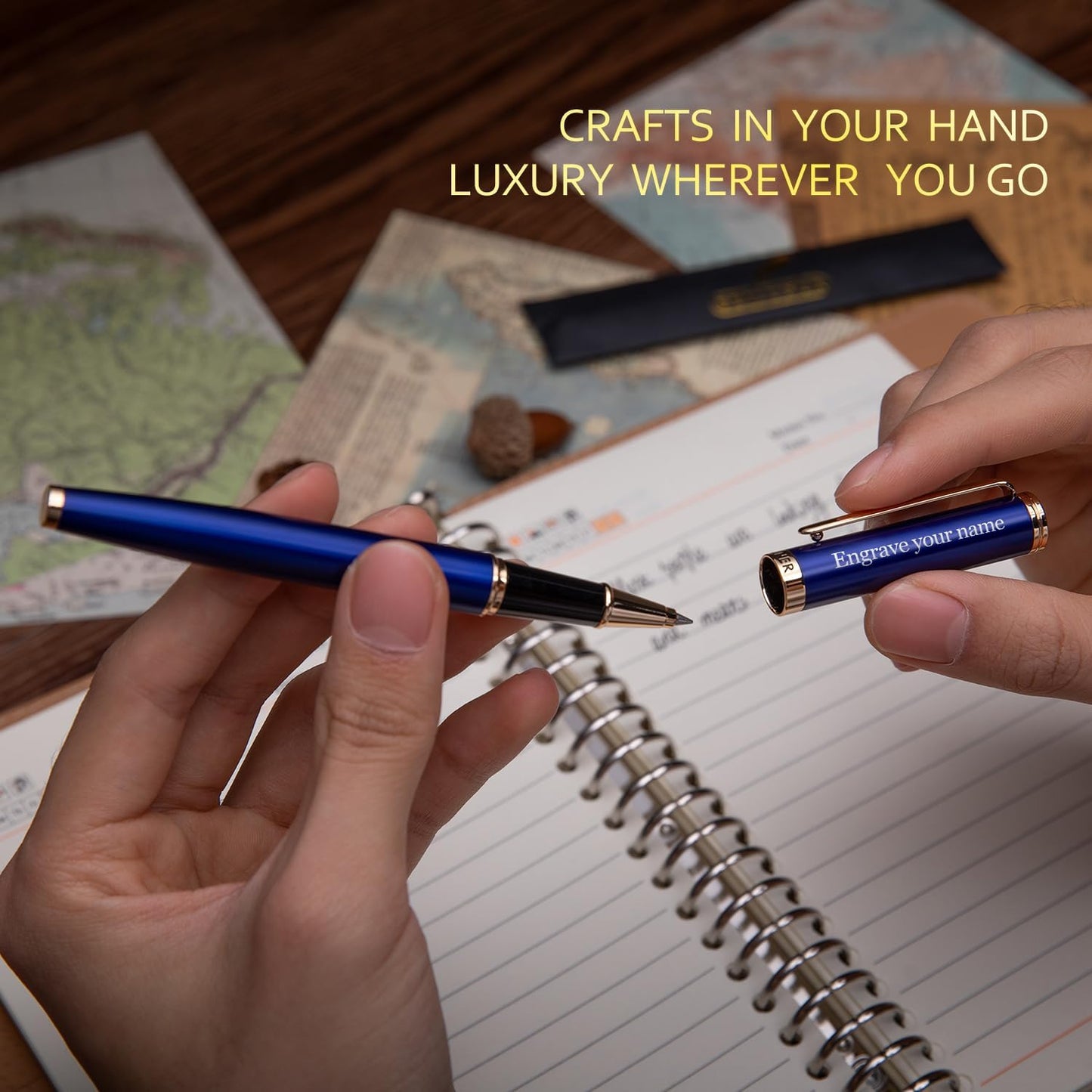 BEILUNER Blue Personalized Pen,Stunning Luxury Lacquer With 24K Gold,Schneider Ink Refills,Multiple Fonts To Custom Rollerball,Gift Pen For Men & Women,Executive,Graduation,Christmas,Nice Fancy Pens