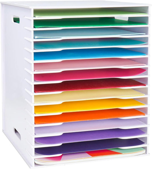 SANFURNEY Scrapbook Paper Organizer for Sizes 12" x 12", 15 Slots File Sorter Storage, Document Holder, Desktop Scrapbook Paper Organizer Rack for Home Office School (White, 15 Slots - Large Size)
