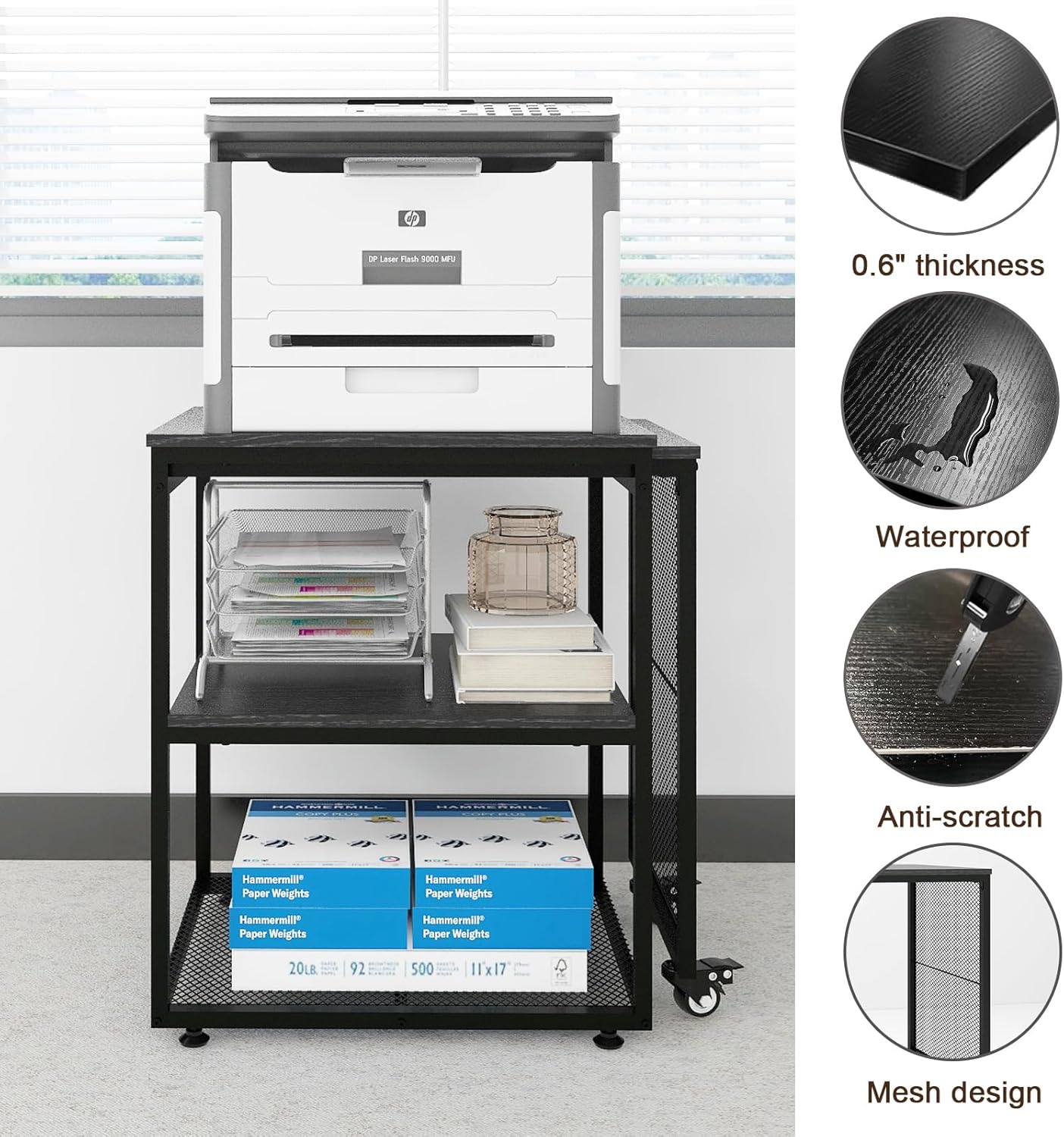 Natwind 24''x20''x29'' Large Printer Stand with Storage Shelves,Extendable Home Craft Table,Home Office Organization Desk, Versatile Table for Home Office, Kitchen, Study Room, Living Room (Black)