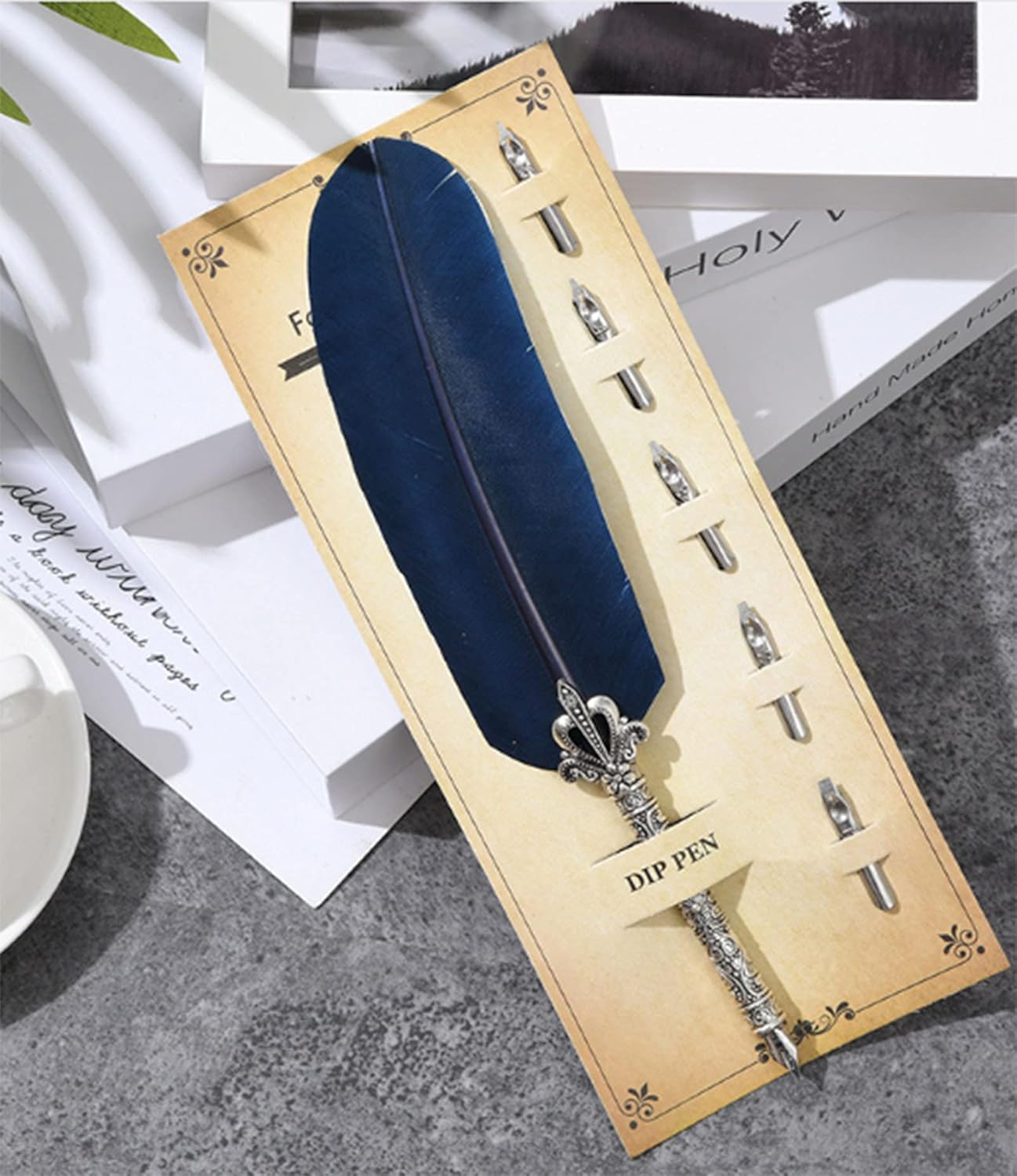 Gullor Calligraphy Feather Quill Pen and 5 Calligraphy Nibs for Beginners Kids Calligraphy Writing Quill Dip Pen Set, Navy