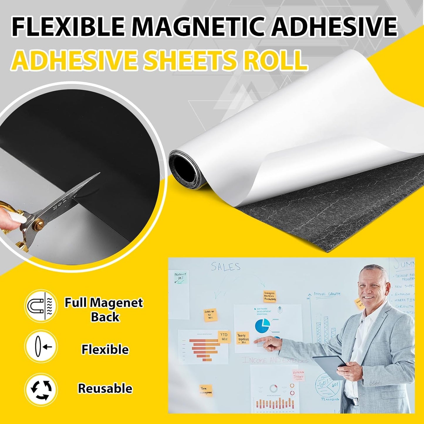 16 Inch x 10 ft x 30mil Extra Large Adhesive Magnetic Sheet Roll Not Printable Adhesive Backing Cut and Customize Flexible Sheets Blank White Surface Magnetic Sign for Craft Photo Craft