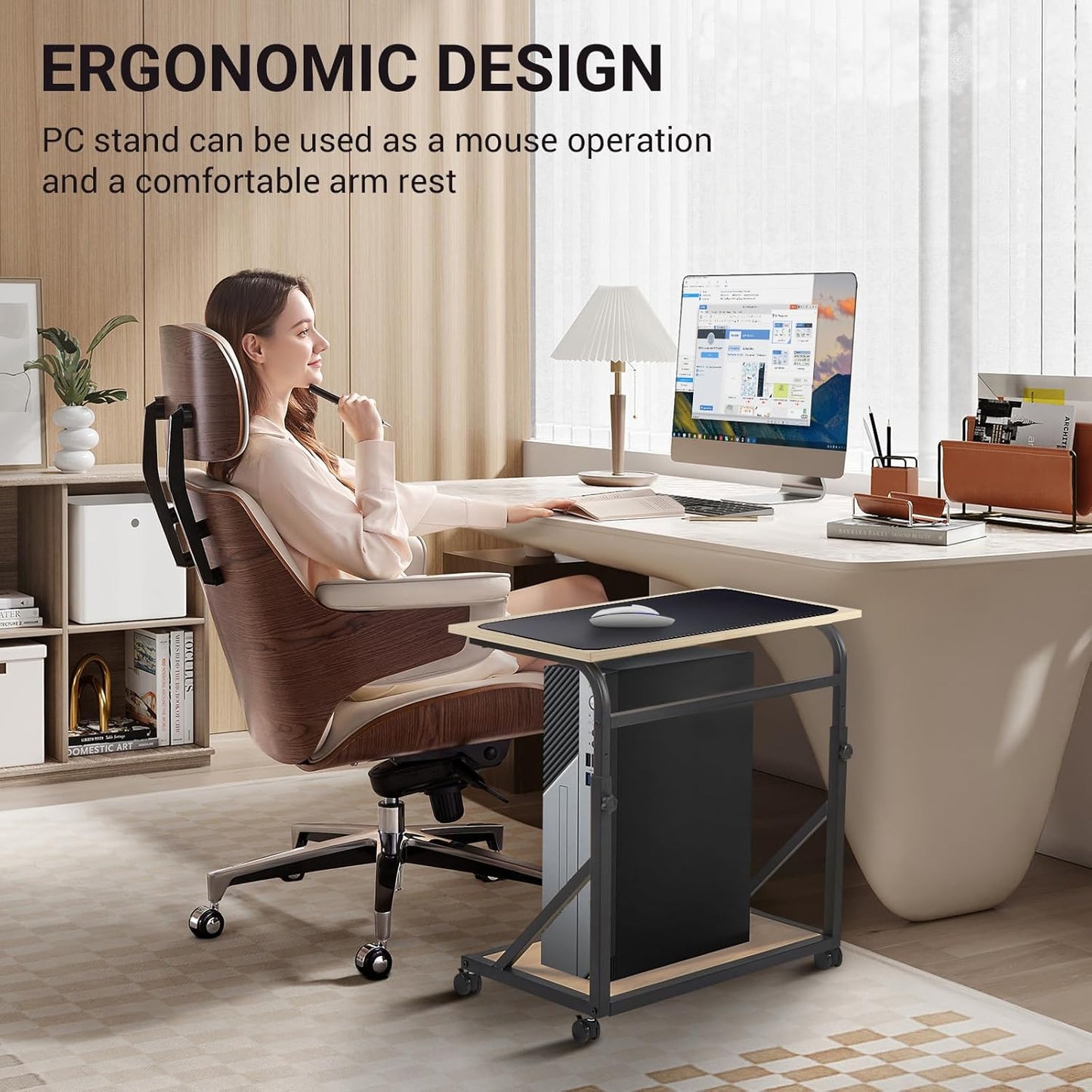 Computer Tower Stand, 2-Tier CPU Stand with Lockable Wheels, Adjustable Height PC Stand for Floor, Mobile PC Laptop Standing Table for Home Office (White Maple)