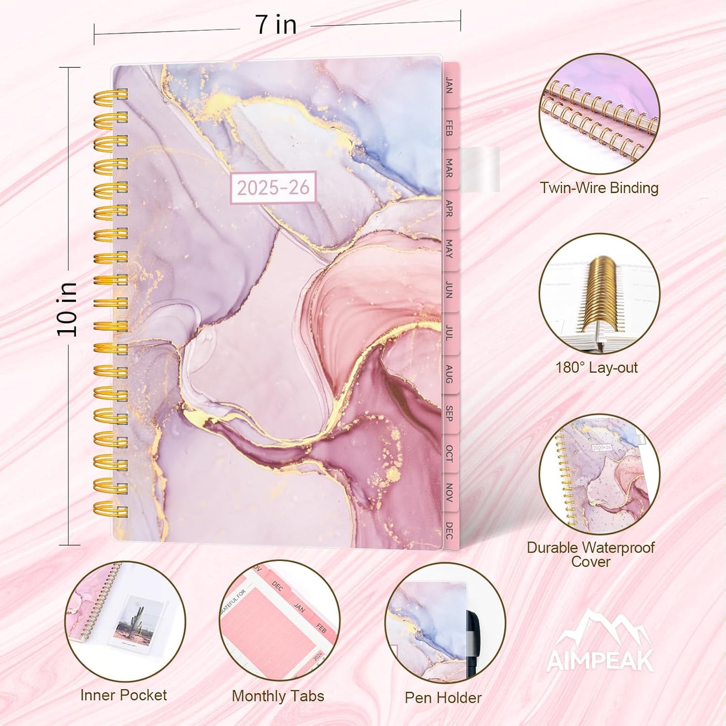 Academic Planner 2025-2026, Weekly and Monthly Planners for Women, Jul.2025 - Jun.2026, AIMPEAK Daily Calendar Planner for Teacher & Student, Monthly Tabs, Pink Marble, 7"x10"