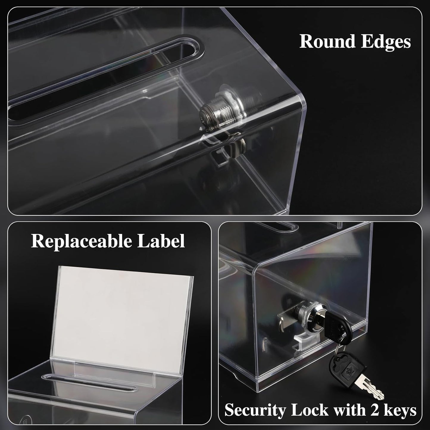 VOISEN Clear Donation Box with Lock,2 Pack Ballot Box with Sign Holder,Suggestion Box for Fundraising, Voting Box with Slot for School,Conference 6.2x4.6x3.9 Inch