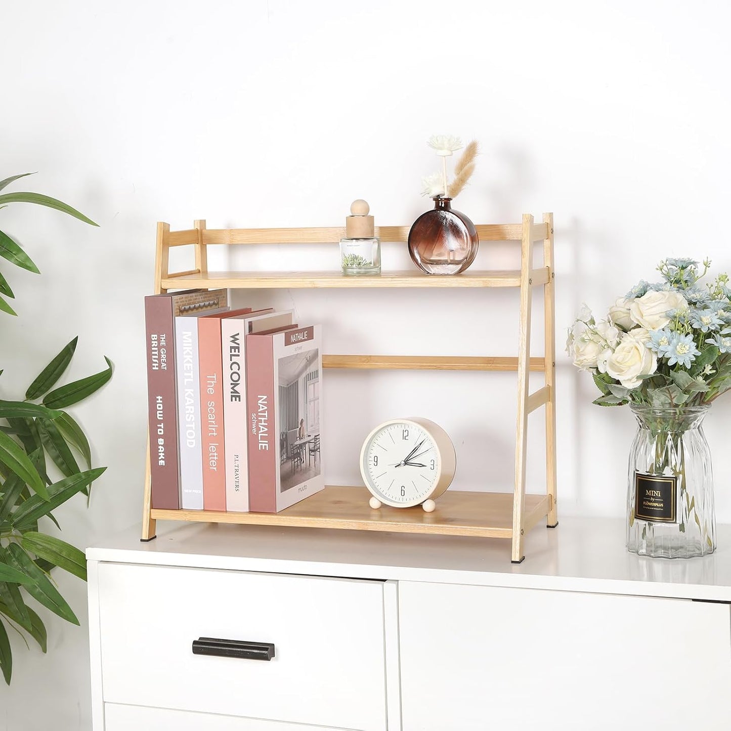 Countertop Organizer Bamboo Spice Rack 2-Tier Desktop Bookshelf Wooden Storage Stand for Kitchen, Office and Dorm, Desk Organizer for Books and Decor (Medium)