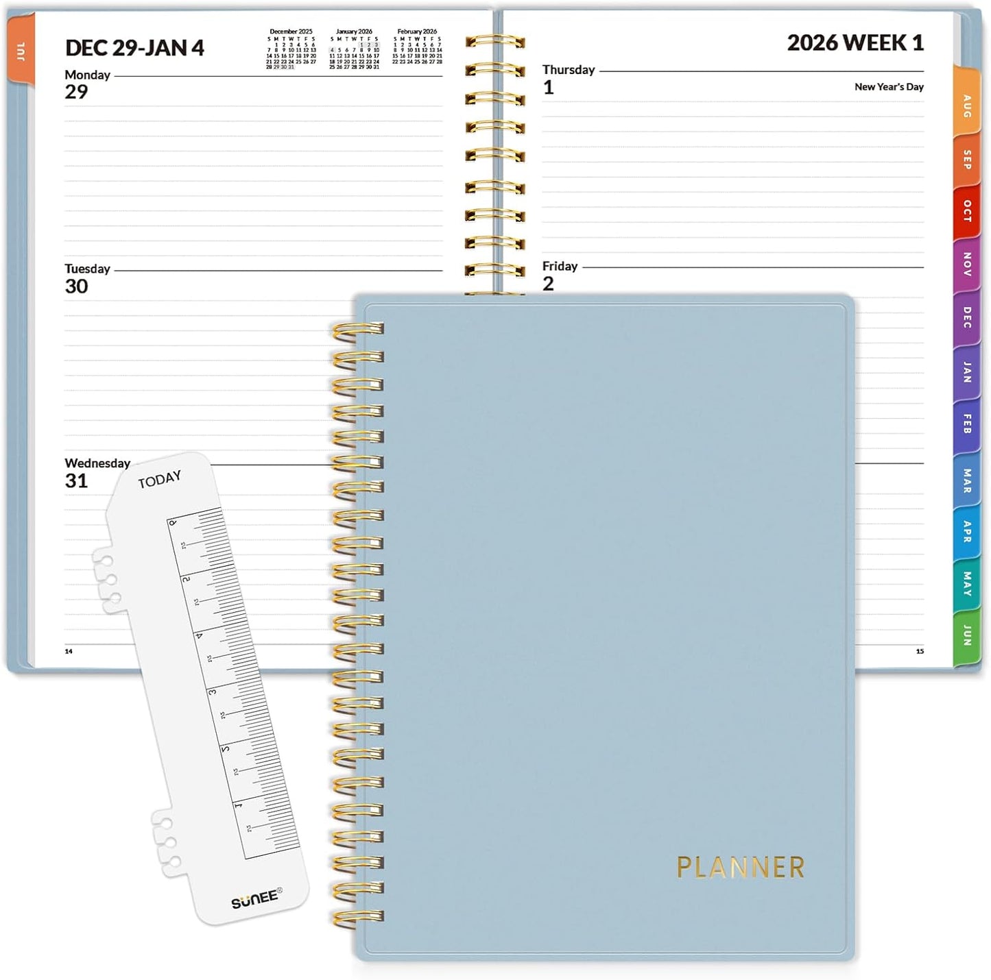 SUNEE 2026 Weekly and Monthly Planner - from January 2026 - December 2026, 6.4" x 8.3" Daily Agenda Planner with Monthly Tab, Flexible Cover, Note Pages, Pockets, Bookmark, Spiral Binding, Gray Blue