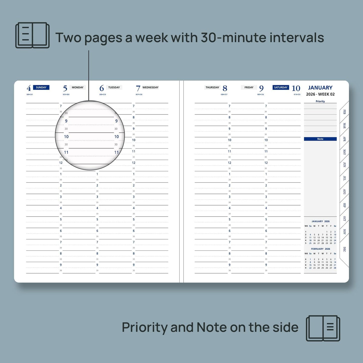 POPRUN 2026 Weekly Planner (Medium 7'' x 8.5''), 30-Minute Hourly Appointment Book (Jan 2026-Dec 2026) with Monthly Tabs, Inner Pockets, Pen Holder, PU Leather Softcover, 100GSM - Dark Green