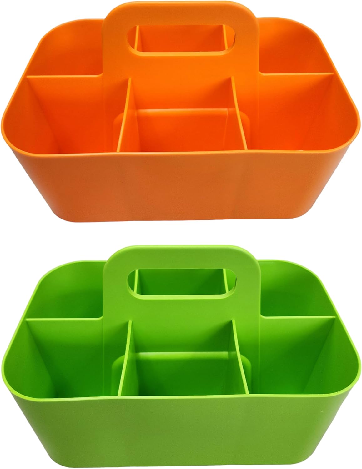 2 Pack Small 6 Compartment Multiuse Caddy Organizer with Handle Art Craft Supplies, Office, Desk, Stationery Pen Holder Stackable- Made In USA (Orange/Green)