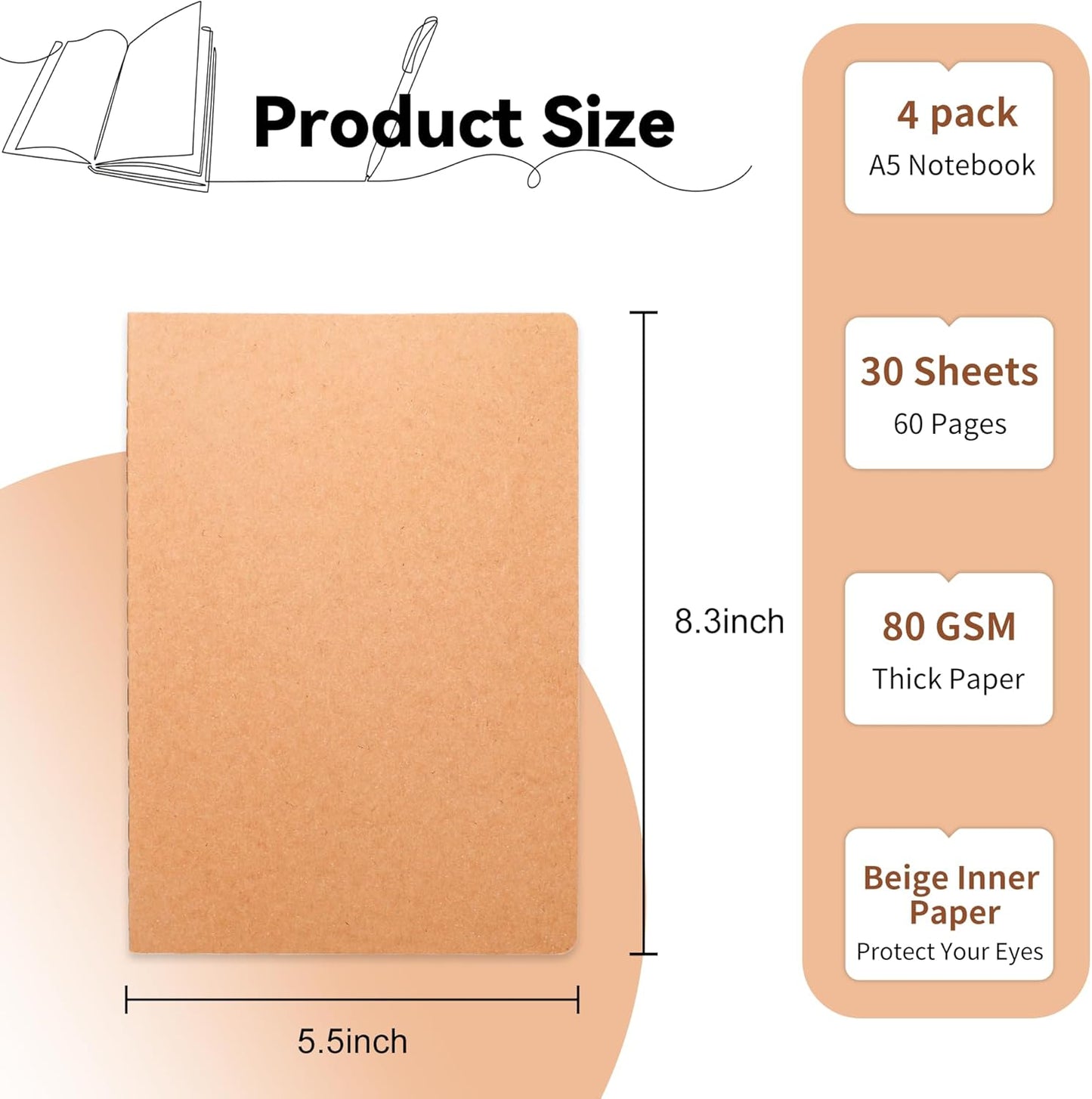 4 Pack Blank Kraft Notebooks, 8.3x5.5 Inches A5 Small Journals Bulk Blank Notebooks 80 Gsm Unlined with 60 Pages A5 Subject Notebooks Traveler Journal Set for Adult Students Back to School Supplies