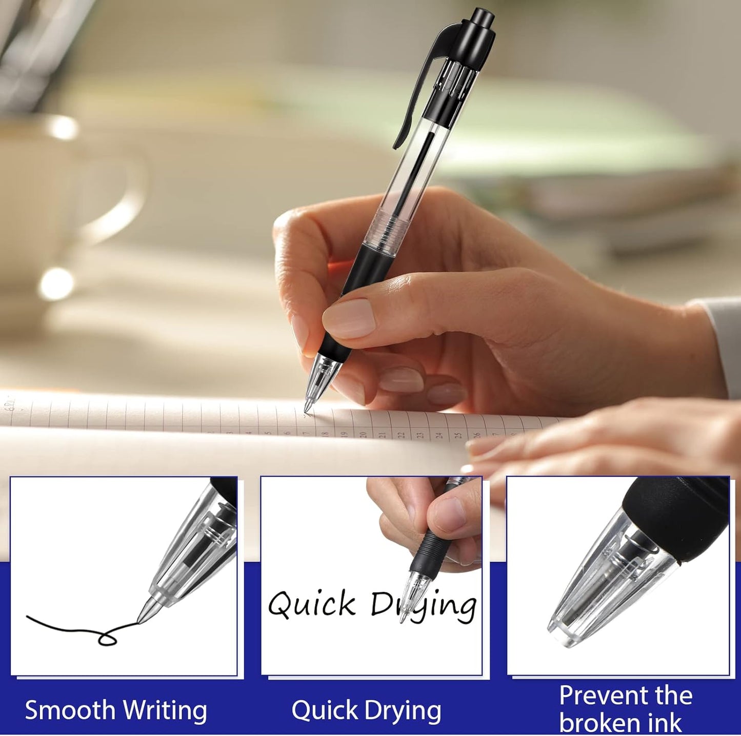 Fainne 200 Pack Retractable Ballpoint Pen 1.0 mm Medium Point Refillable Smooth Click Writing Pens With Grip for Work Journal Writing Office School Supplies(Black Ink)