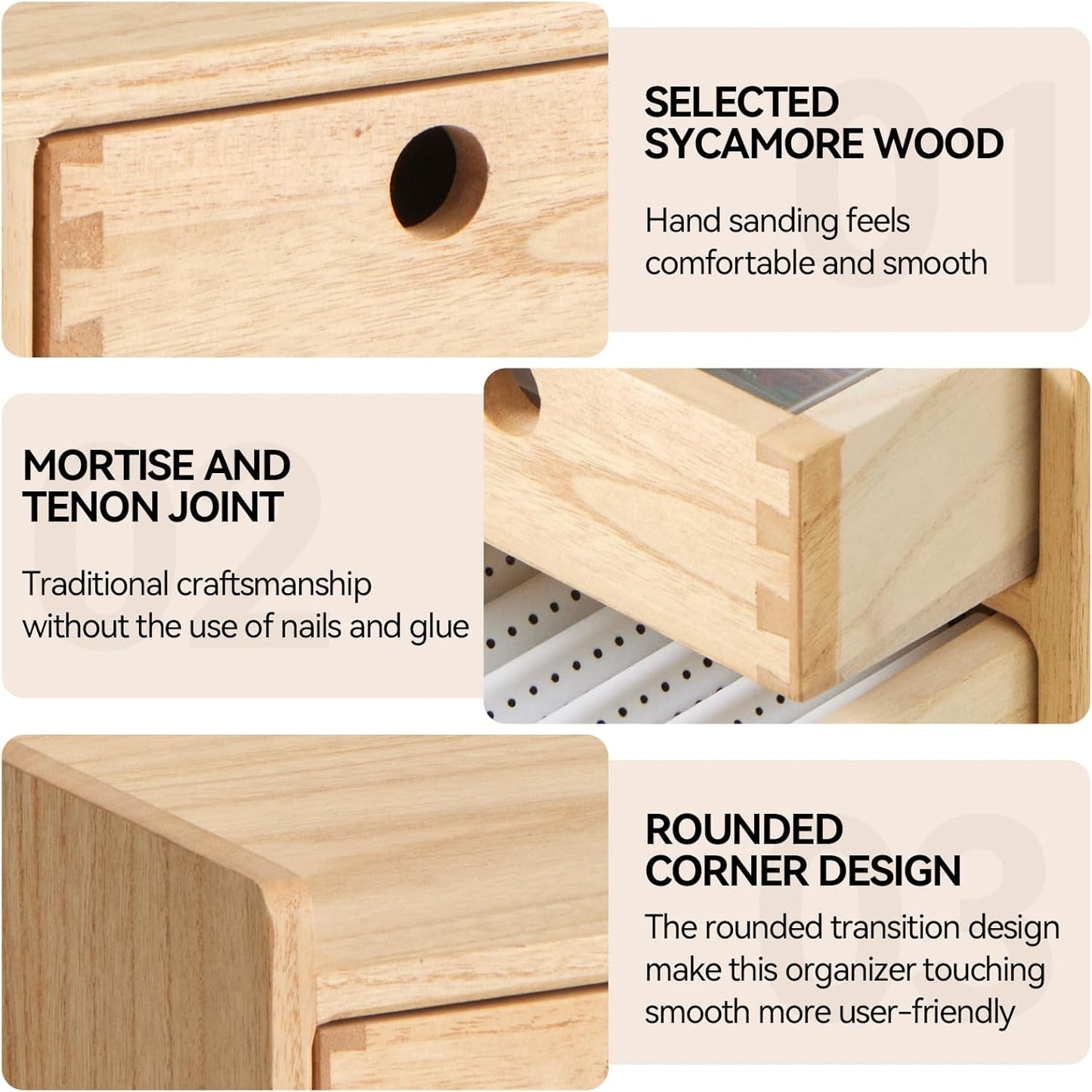 KIRIGEN Desk Organizer with 3 Drawers - Wood Drawer Storage Box with Trays for Tabletop - Workspace Office Toiletries Supplies Tool Caddy - Wooden Storage Cabinet Natural（DT1D3C-NA）