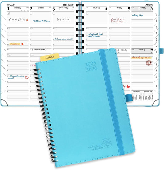 POPRUN Planner 2025-2026 (Medium - 6.5'' x 8.5'') Academic Weekly Calendar (July 2025 - June 2026) with Hourly Time Slots, Monthly Tabs, 100GSM Thick Papers, Spiral Leather Cover - Blue Green