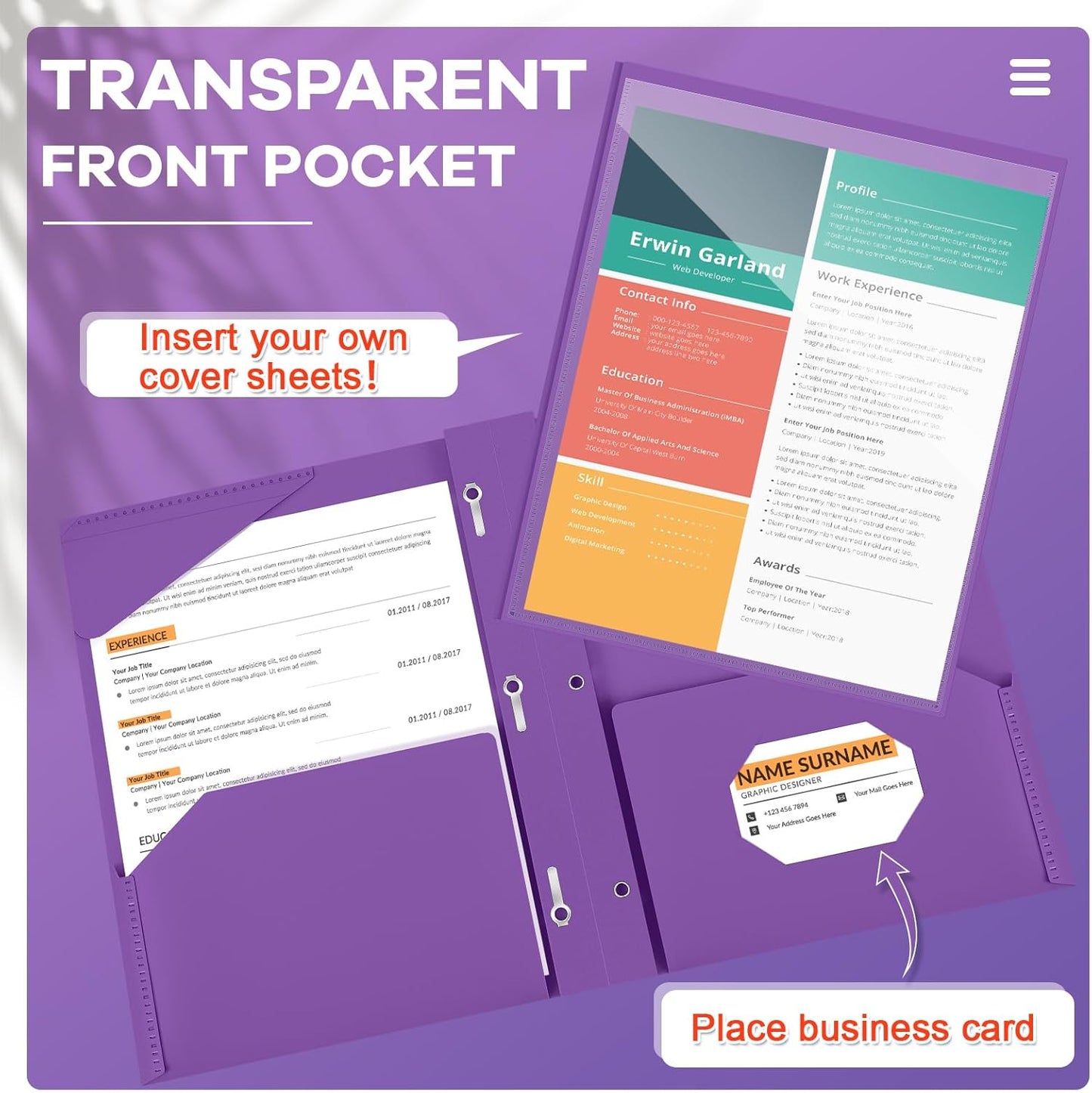 Henoyso 72 Pcs Plastic Folder with Clear Front Pocket and 3 Prong Plastic Folders with Card Slot Pocket Folders with Prongs for School Office (Purple)