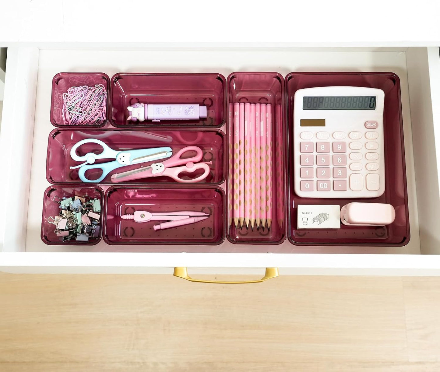 Kitchen Desk Drawer Organizers Storage for Office, Small Acrylic Vanity Trays Makeup for Drawer Bathroom Plastic Make up Organizers 25 Pcs Burgundy