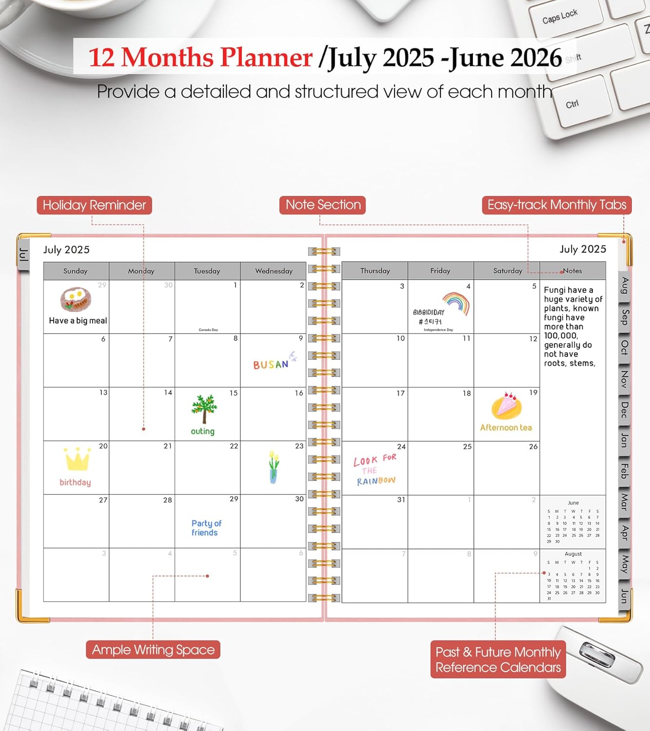 Academic Planner 2025-2026, Weekly and Monthly Calendar Planner from July 2025 - June 2026, 8.5" x 11" Hardcover Leather Hourly Appointment Book with Tabs, Spiral Daily Planners for College School Teacher Student, Pink