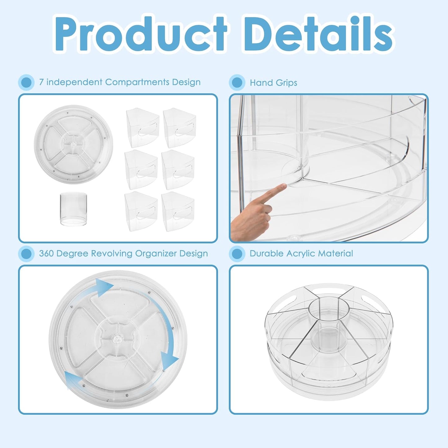 Pen Organizer for Desk - Acrylic Pen Holder with Hand Grips, 360° Extra Large Rotating Desk Organizer with 7 Removable Compartments for Office, Home, and Makeup Storage, Marker Organizer