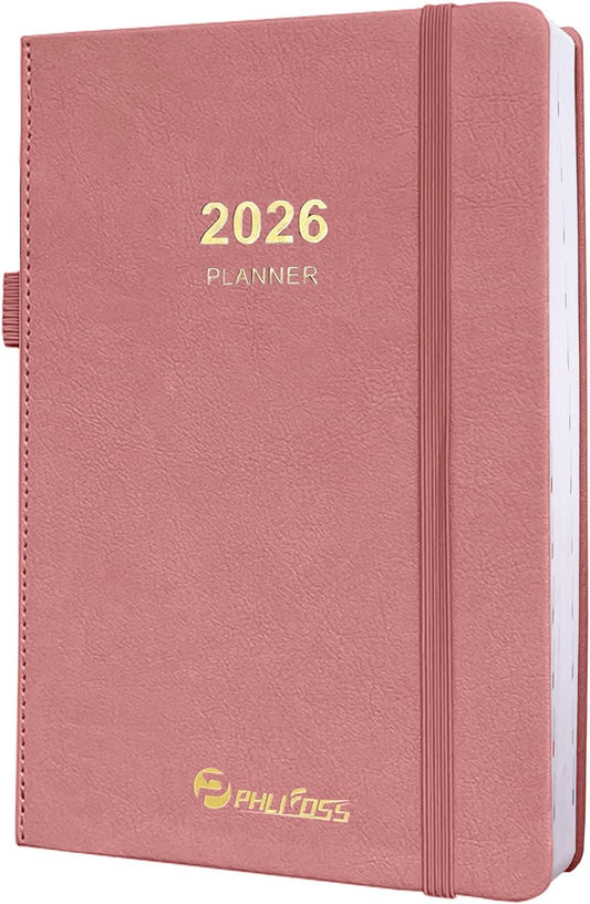 2026 Daily Planner/Calendar, One Page Per Day, Daily Monthly Agenda Planner with Time Slots and Monthly Tabs, Jan - Dec 2026, 5.7" x 8.25" Appointment Book, Pen Holder, Leather Cover (2026-Pink)