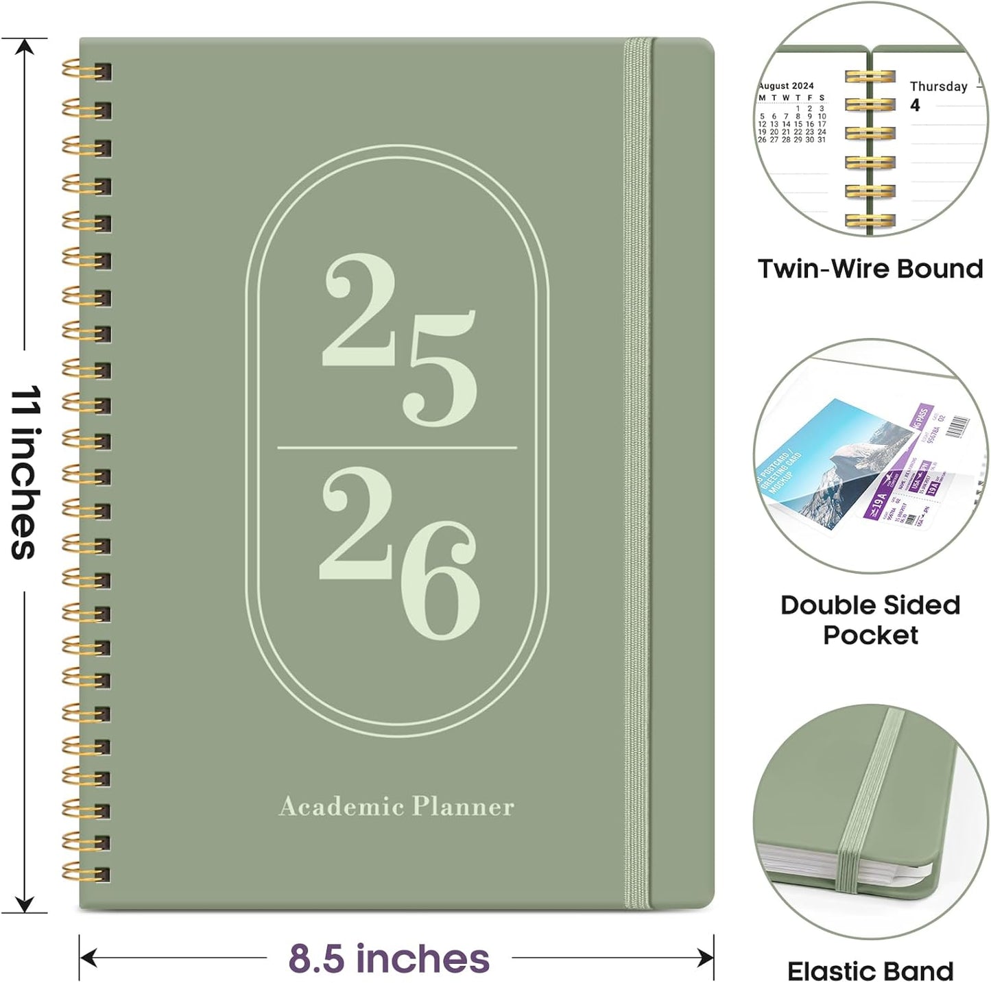Planner 2025-2026, Academic Year Weekly and Monthly Calendar Planner, July 2025 - June 2026, Spiral Bound School Planning Tool, Perfect for Teacher, Student, Woman & Men - A4 (8.5" x 11"), Green
