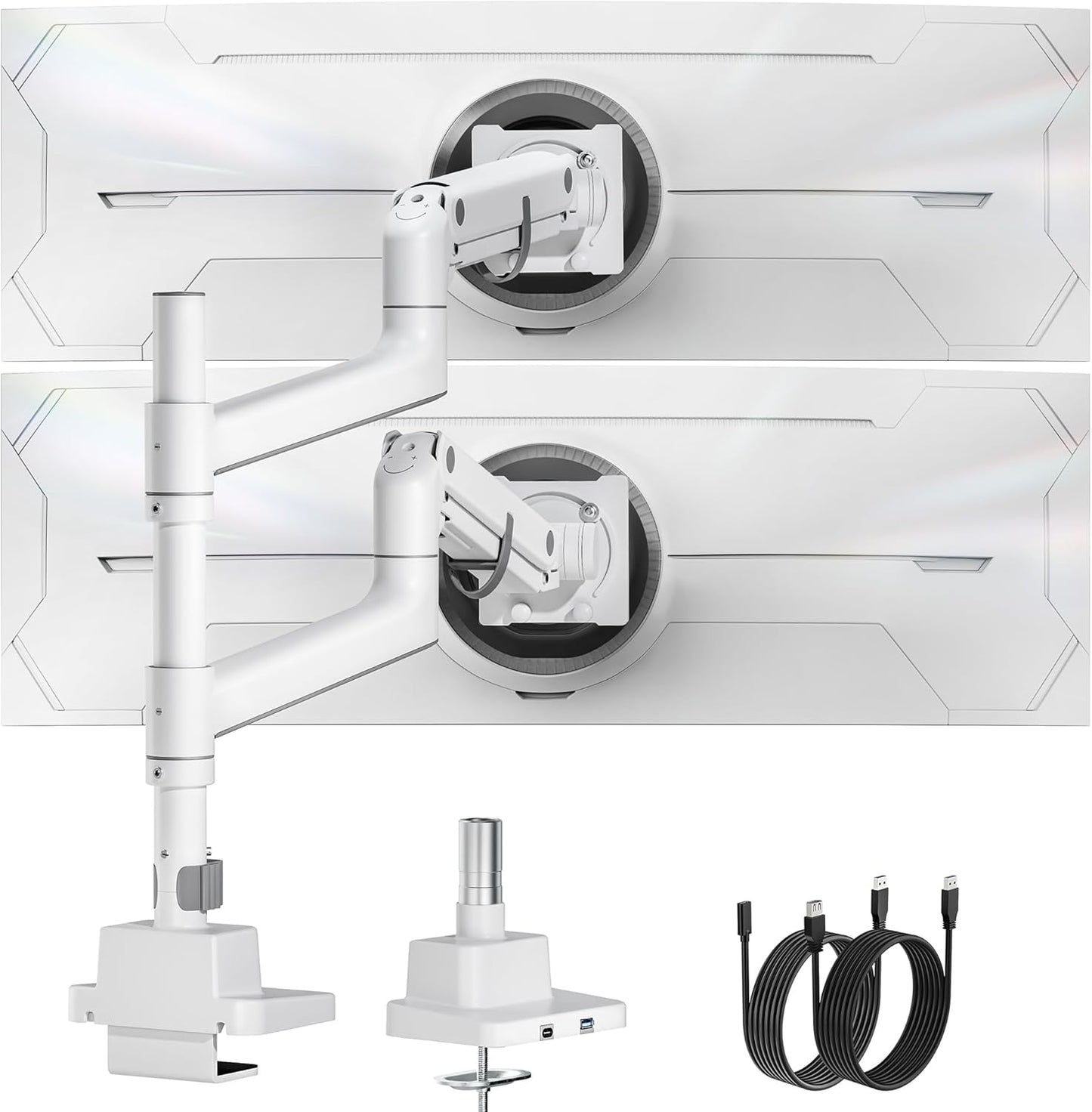 monTEK 17-57 Inch Dual Ultrawide Monitor Arm for Up to 59.4lbs Screen, Aluminum Heavy-Duty Gas Spring Vertical Stackable Curved Screen Adjustable Monitor Stand,75/100mm Vesa Mount, White