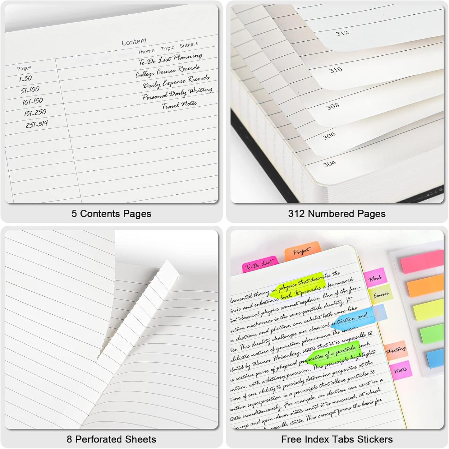 College Ruled Notebook, Large B5 Lined Journal Notebook, 314 Numbered Pages Work Notebook with Index Stickers, 100gsm Thick Paper, Hardcover Vegan Leather Journal for Women Men School Office, Green