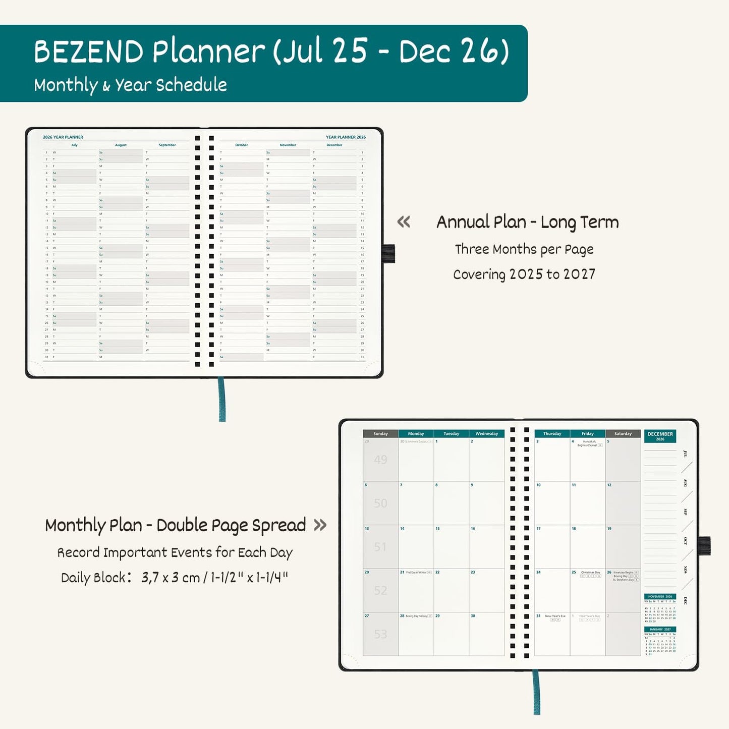 BEZEND Weekly Planner 2025-2026 with 2 Columns, 5.8" x 8.5" Academic Calendar 18 Months (Jul 25-Dec 26) Life Work Appointment Book with Monthly Tab, PU Leather Softcover Spiral - Evergreen