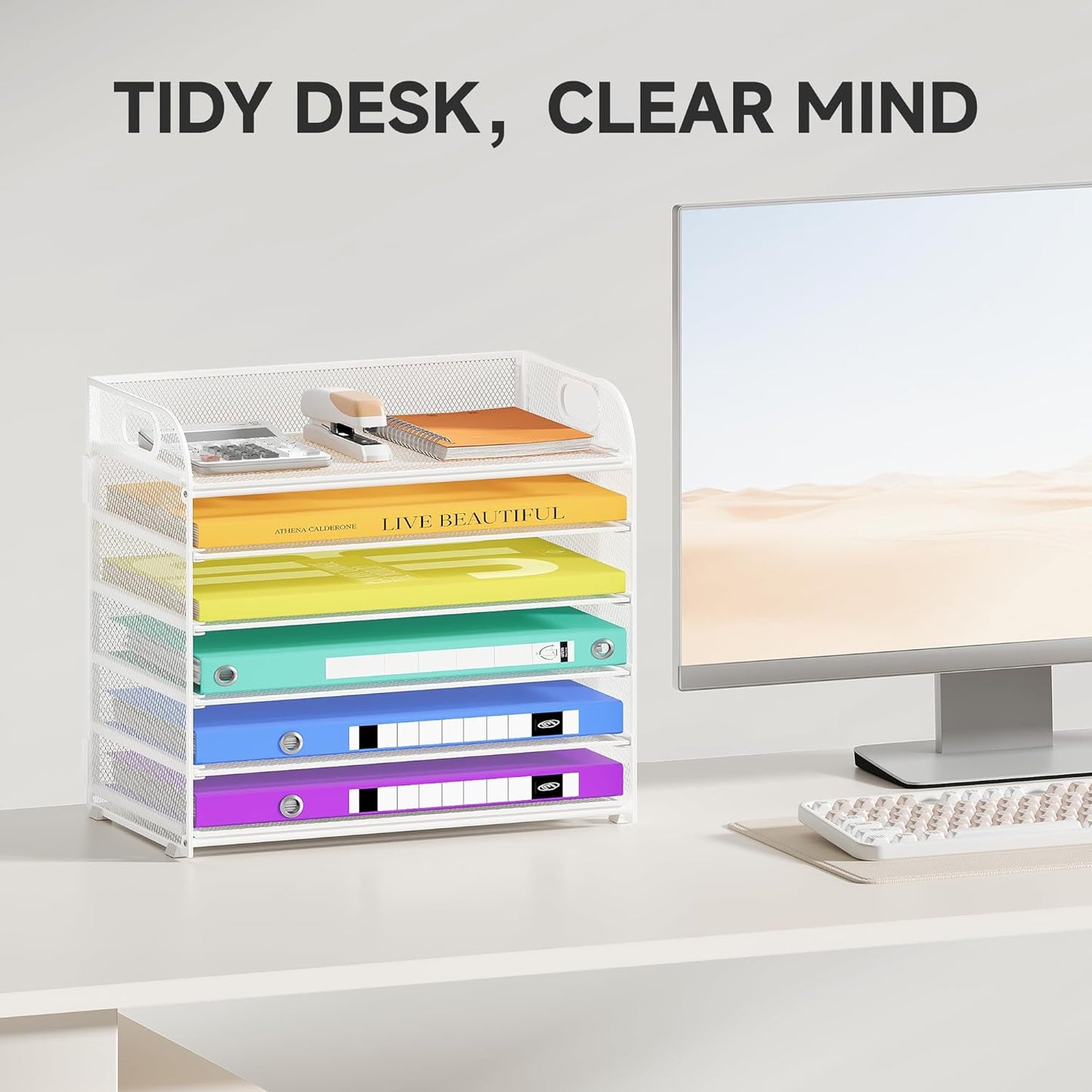6 Tier Paper Organizer with Handle, Metal Desk Organizer Mesh Paper Letter Tray Desktop File Folder Document Sorter for Classroom, School, Office Accessories Organization and Storage - White