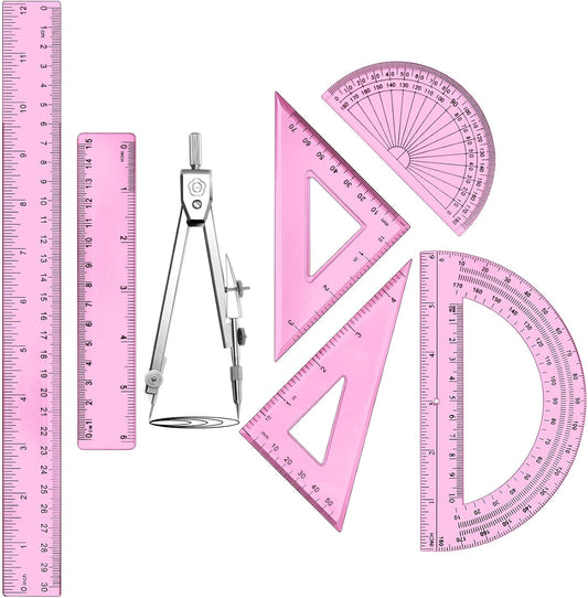 Zonon 1 Set Plastic Geometry Math Set Includes Drawing Compass, 6 Inch 4 Inch Protractor, 45/60 Degree Triangle Rulers 12 Inch 6 Inch Math Ruler Transparent for Office Supplies (Pink)