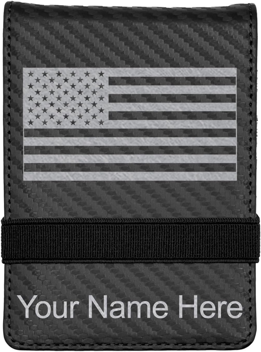 LaserGram Mini Padfolio with Notepad and Pen, Flag of The United States, Personalized Engraving Included (Carbon Fiber Black with Silver)