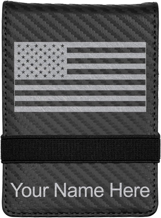 LaserGram Mini Padfolio with Notepad and Pen, Flag of The United States, Personalized Engraving Included (Carbon Fiber Black with Silver)