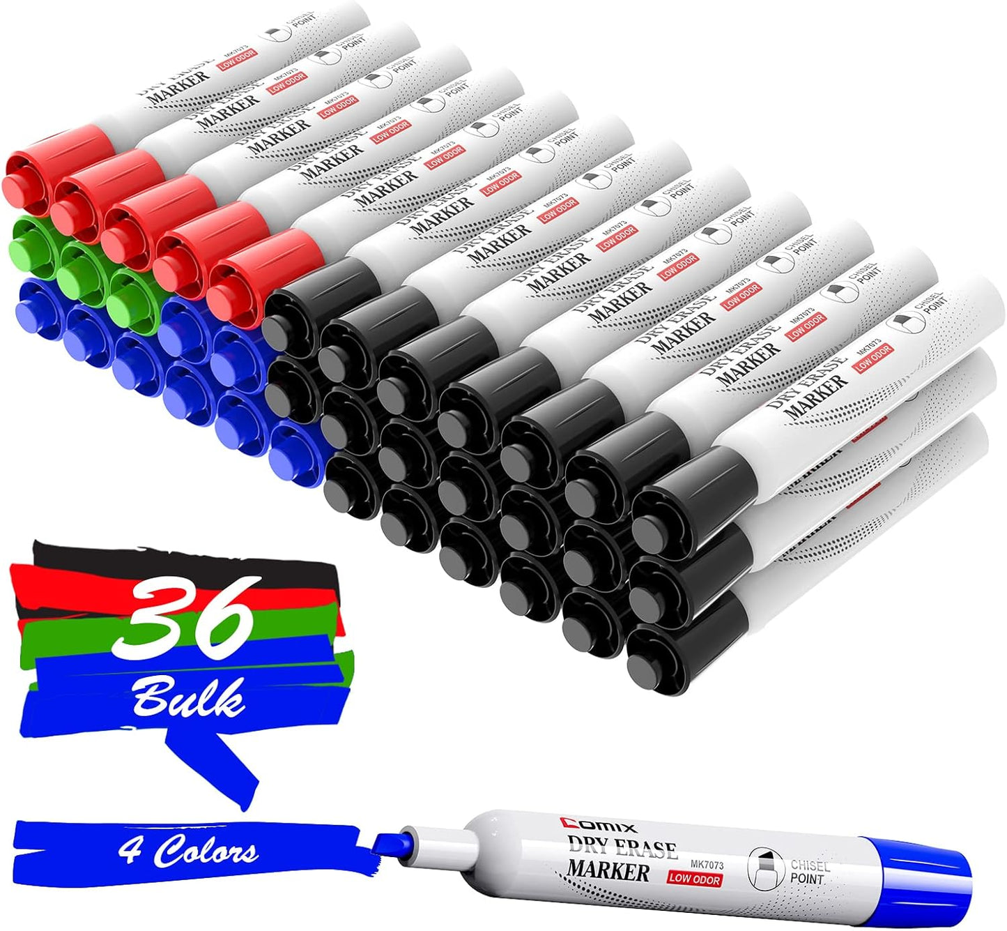 Comix Dry Erase Markers, Chisel Tip Whiteboard Markers, 36 Count 4 Assorted Colors Low Odor Markers for Kids Teachers Office & School Supplies