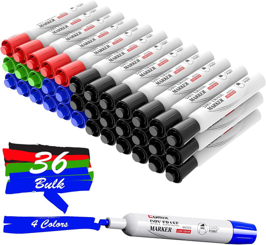 Comix Dry Erase Markers, Chisel Tip Whiteboard Markers, 36 Count 4 Assorted Colors Low Odor Markers for Kids Teachers Office & School Supplies
