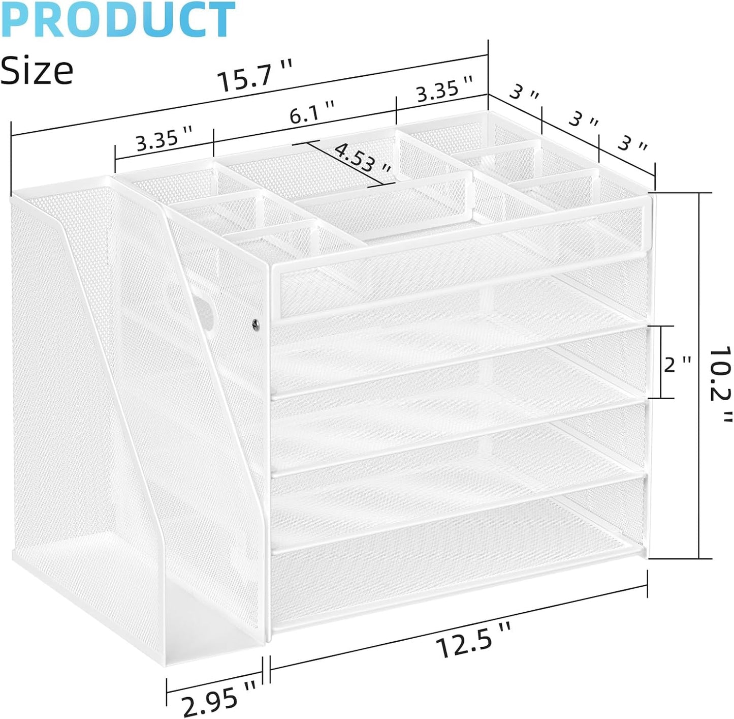 Marbrasse 5-Tier Desk Organizer with File Holder,Paper Letter Tray Organizer,Desktop File Organizer with Adjustable Compartments,Mesh Desk Organizers and Accessories for Office Supplies,White