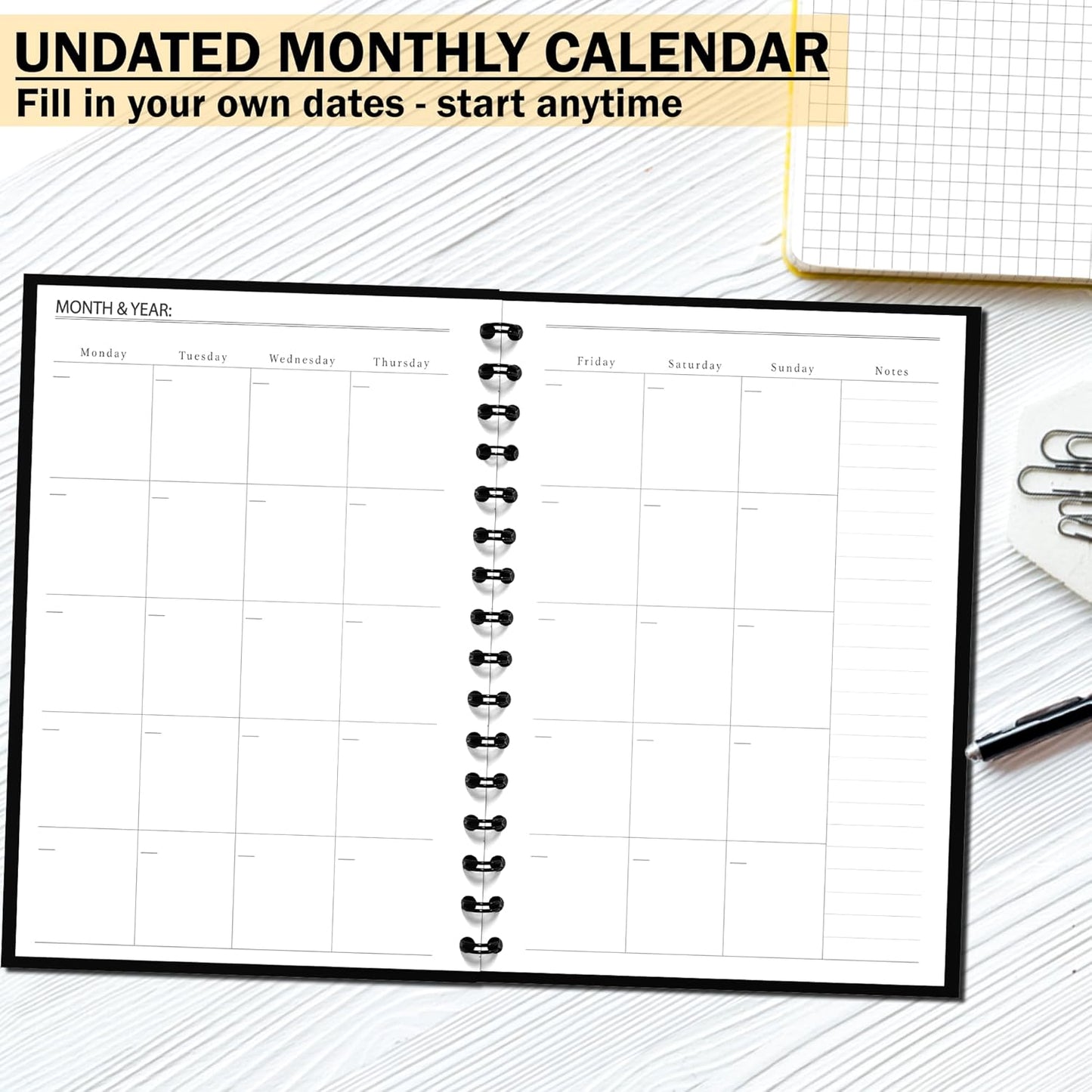 Undated Monthly and Weekly Planner - 12 Month Calendar Planner Notebook with Week Days - Hardcover Undated Planners Blank Agenda Book - A5 Black