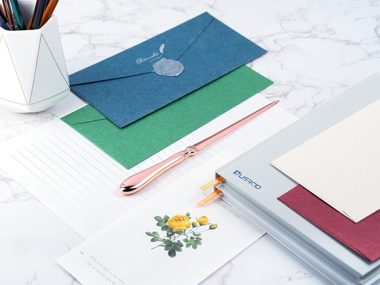 Rose Gold Letter Opener, Envelope Opener Knife Metal Letter Opening Knife, Paul Revere Paper Cutting Knife, 9 inches (2 Pack)