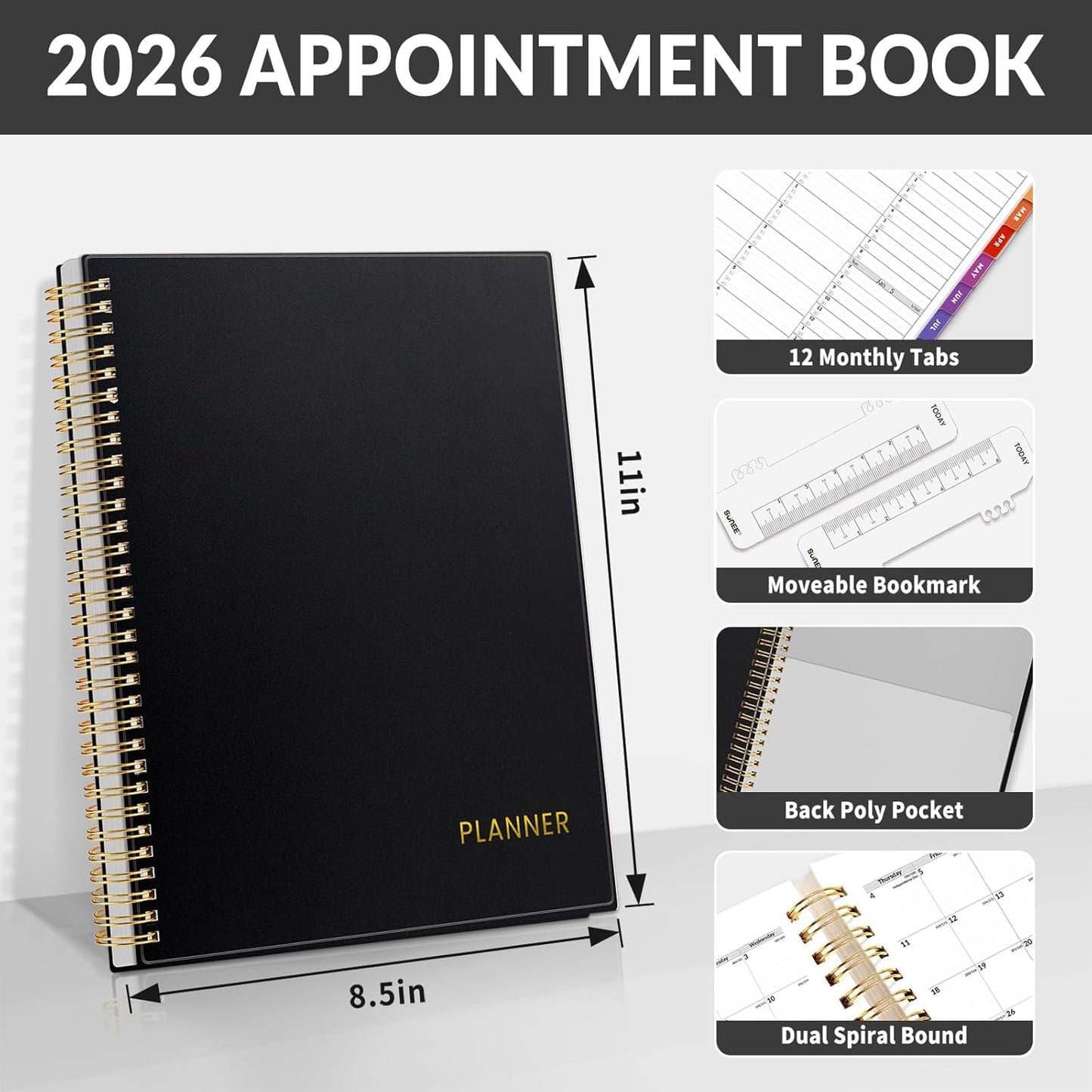 SUNEE 2026 Appointment Book, Quarter-Hourly, Weekly & Monthly - from January 2026 - December 2026, 8.5"x11" Weekly Planner, Flexible Cover, Note Pages, Pockets, Bookmark, Spiral Binding, Black