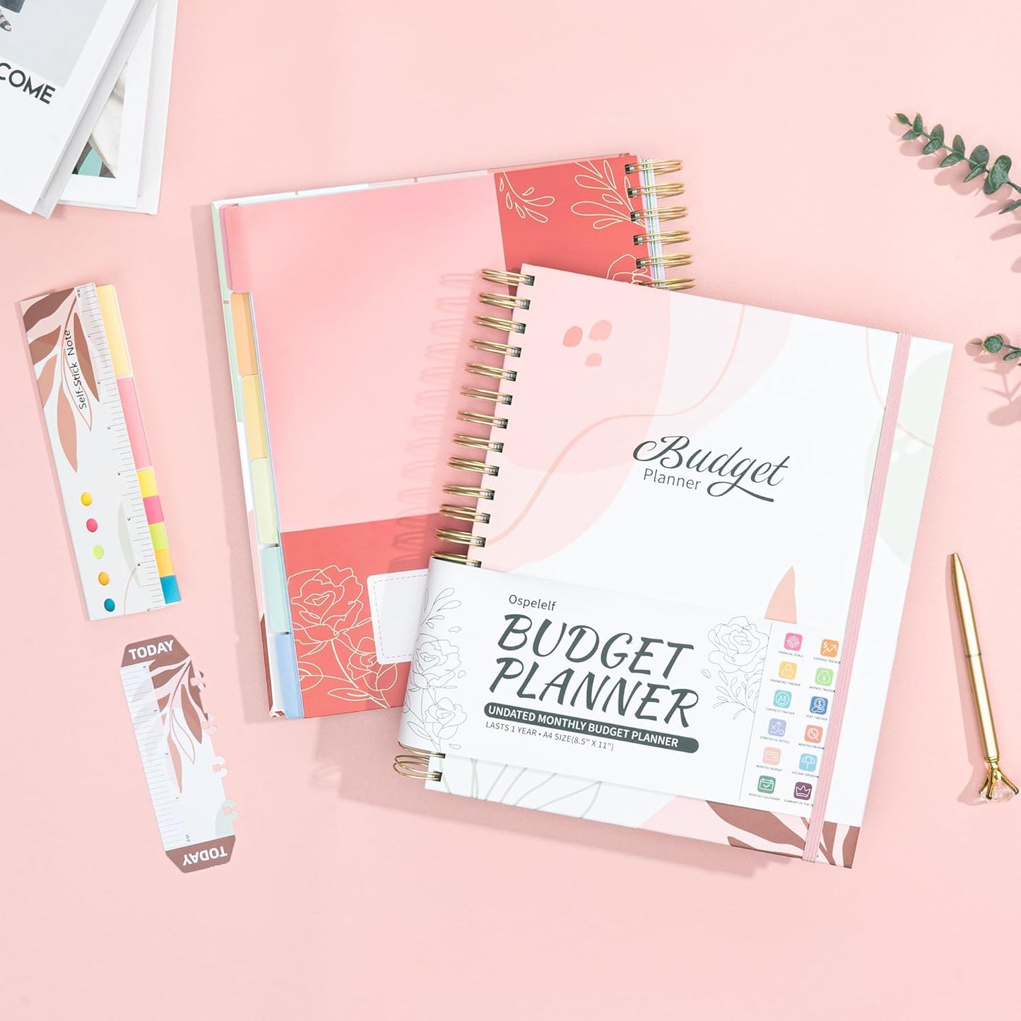 Ospelelf Budget Planner - Monthly Budget Book with Expense Tracker Notebook, Undated 12 Month Bill Organizer & Finance Planner, A4 Account Book with 12 Index Pockets, Zipper Pouch, Stickers(Brown)