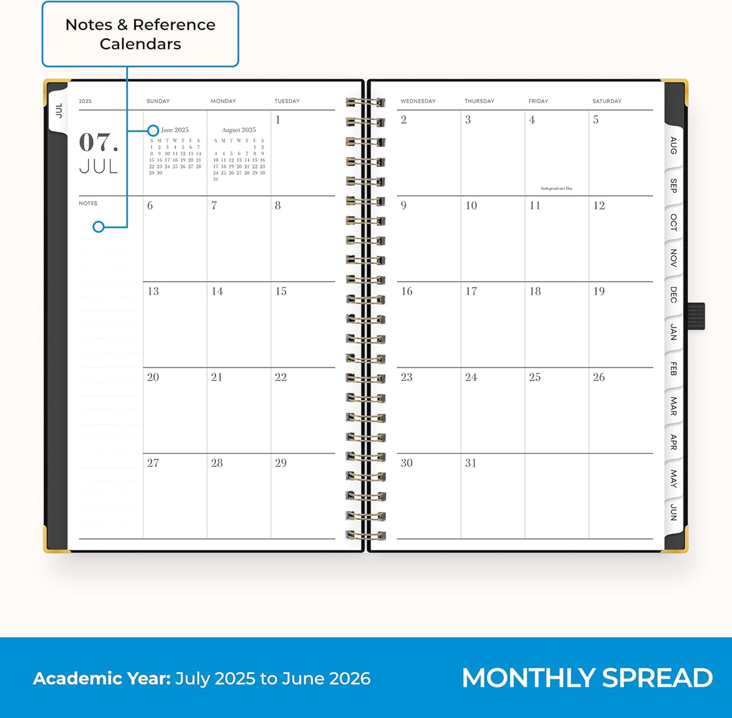Blue Sky 2025-2026 Academic Year Weekly and Monthly Planner Calendar, July 2025 - June 2026, 12-Month, 5" x 8", Faux Leather Cover, Wirebound, Storage Pocket, Laminated Tabs, Black