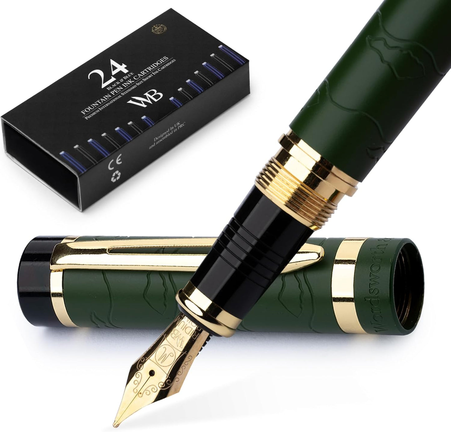 Wordsworth & Black Primori Fountain Pen Set [Green Gold]; Medium Nib, Gift Case, 24 Ink Cartridges, Refill Converter, Manual; Journaling, Calligraphy, Smooth Writing Pens; Left and Right Handed