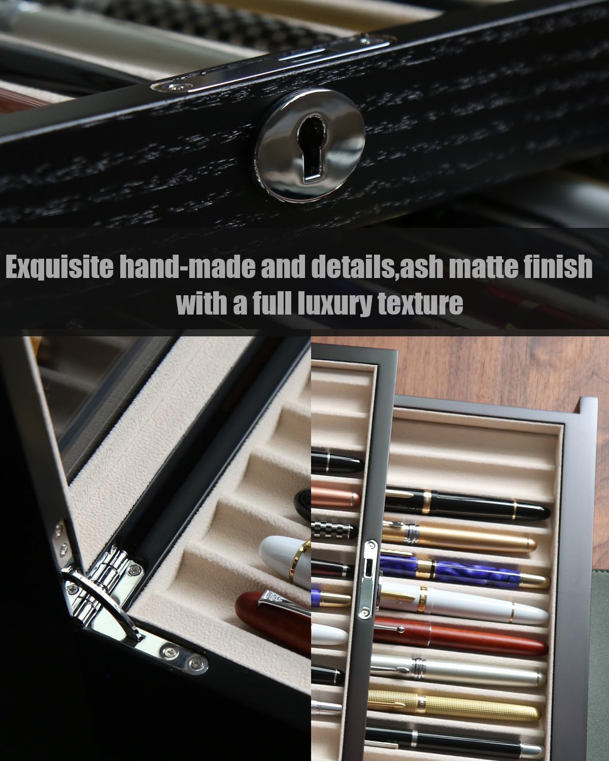 Pen Display Case with 36 Pen Slots, Fountain Pen Case, Wood Pen Storage Organizer, Pen Box Display for Men Gift, Pen Collector with Glass Window(Black ash Veneer Finish, Creamy-White Velvet)