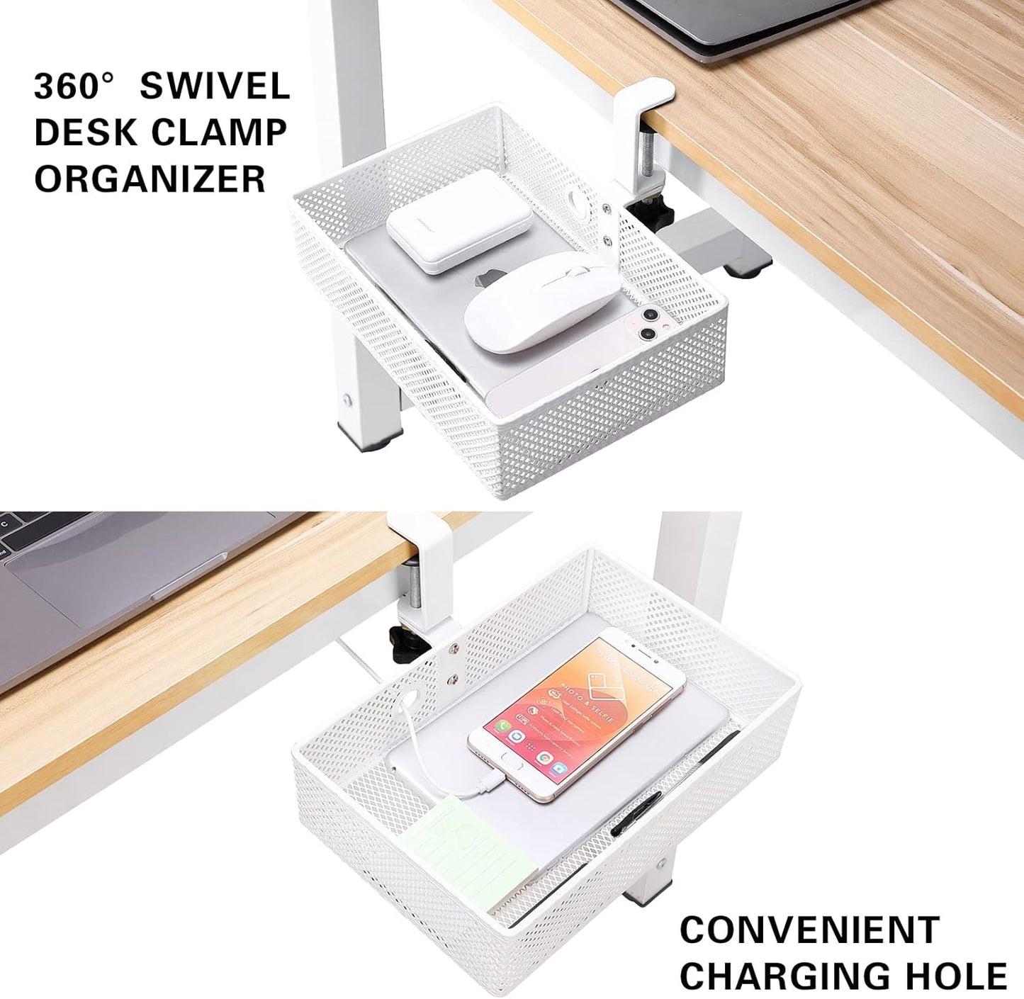 Mesh Desk Organizer and Clamp-on Swivel Pencil Drawer, Desk Hidden Desk Organizer Extra Sturdy C-Clamp Mount System and Easy to Instal, Home Office Art Supply Storage Box (White)